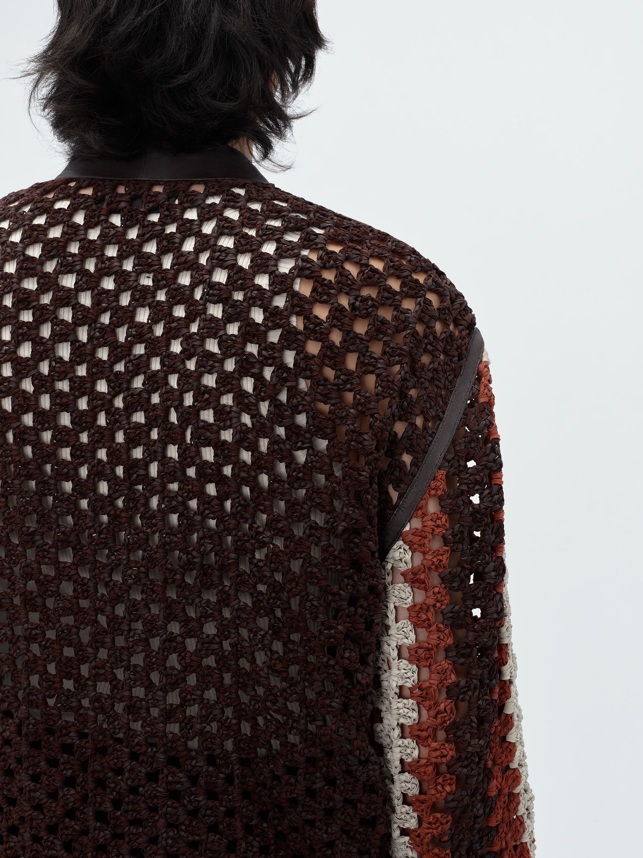 CROCHET KNIT LEATHER CARDIGAN - 8