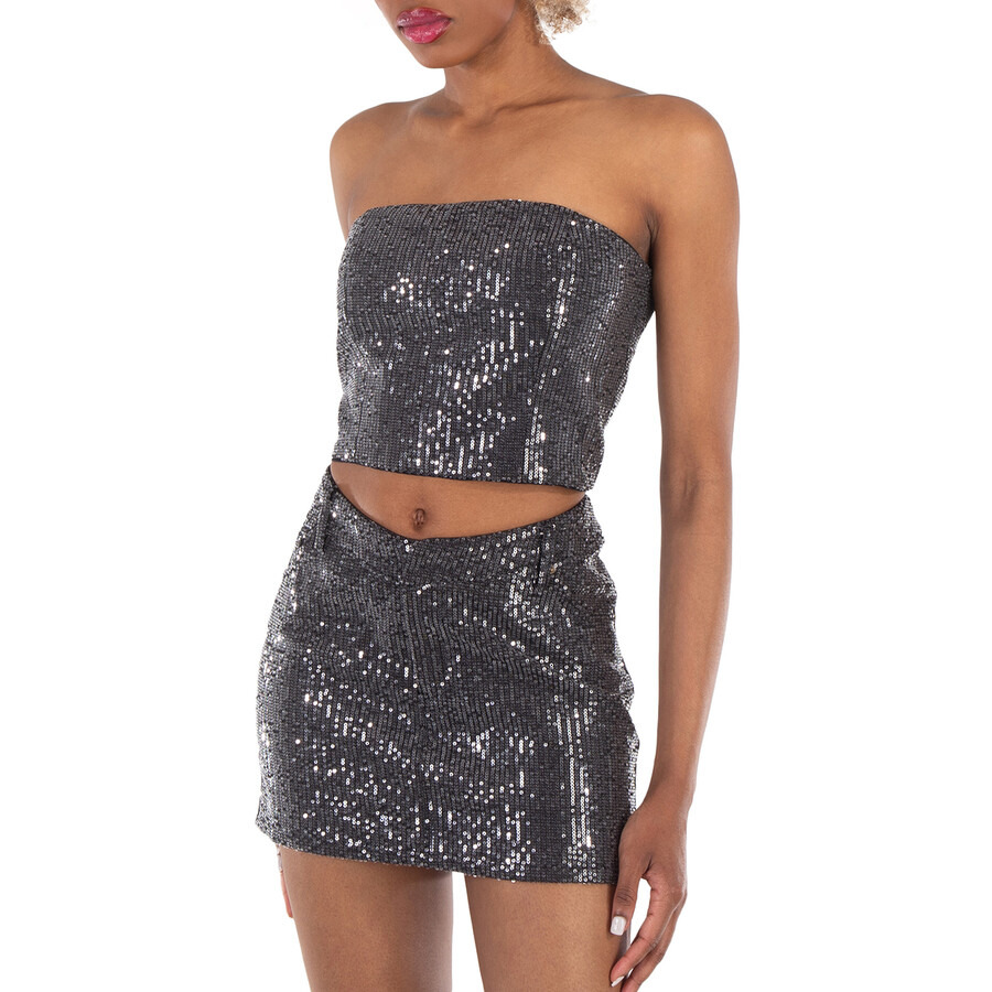 Rotate Ladies Black Sequin-Embellished Strapless Crop Top - 2