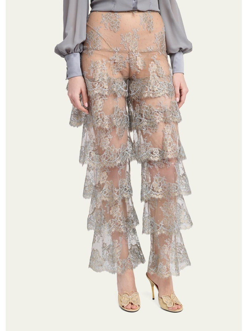 Metallic Lace Ruffle Straight-Leg Pants 4