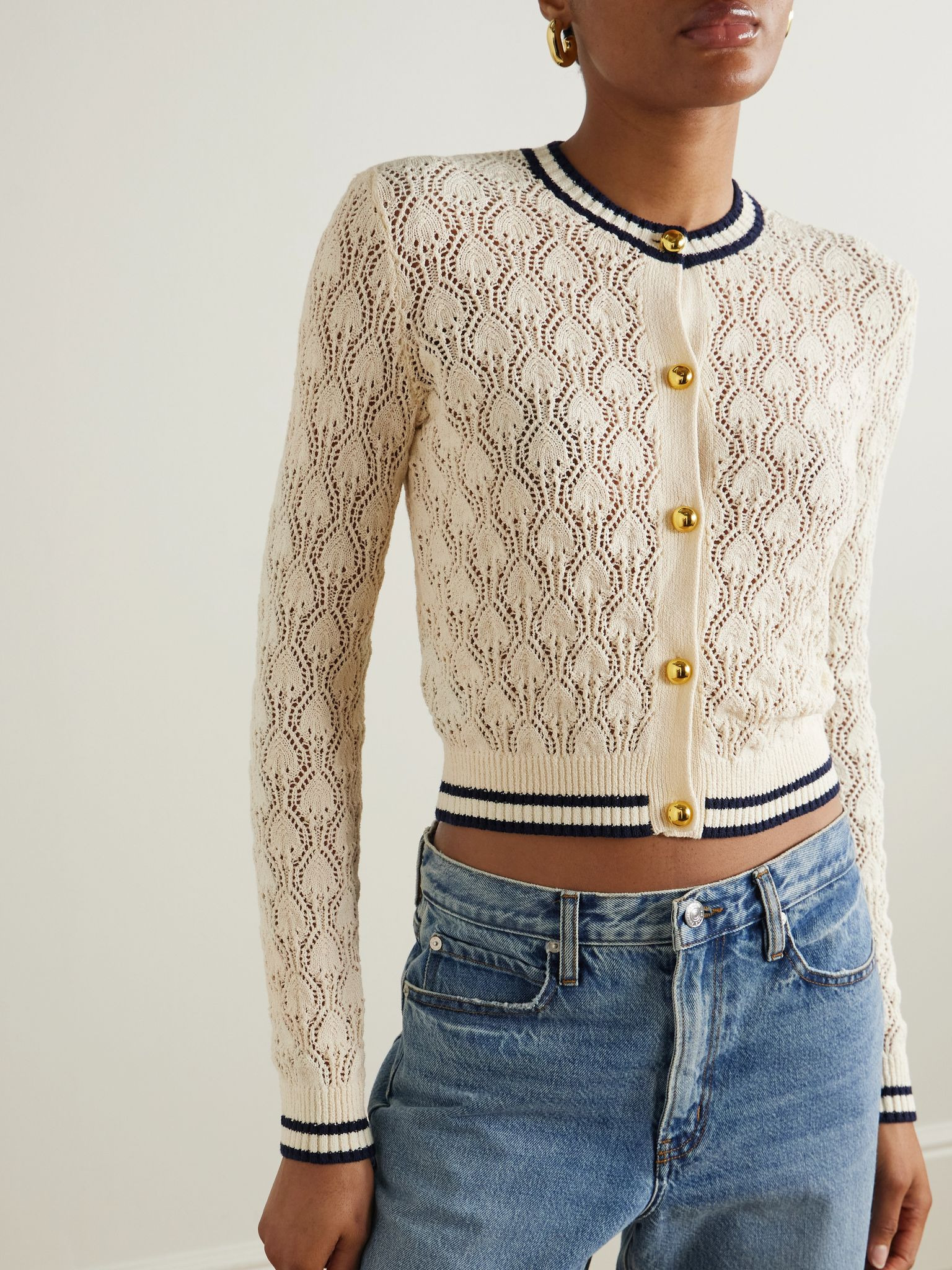 The Rookie pointelle-knit cotton-blend bouclé cardigan Cream - 3