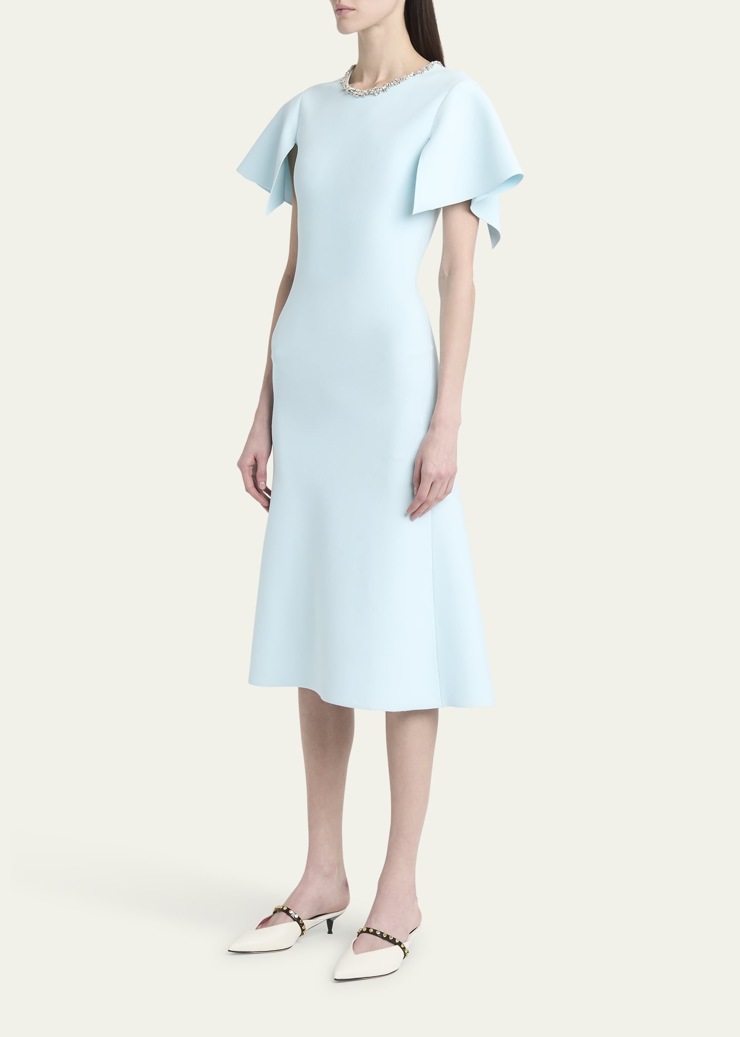 Crystal Neck Short-Sleeve Knit Midi Dress - 4