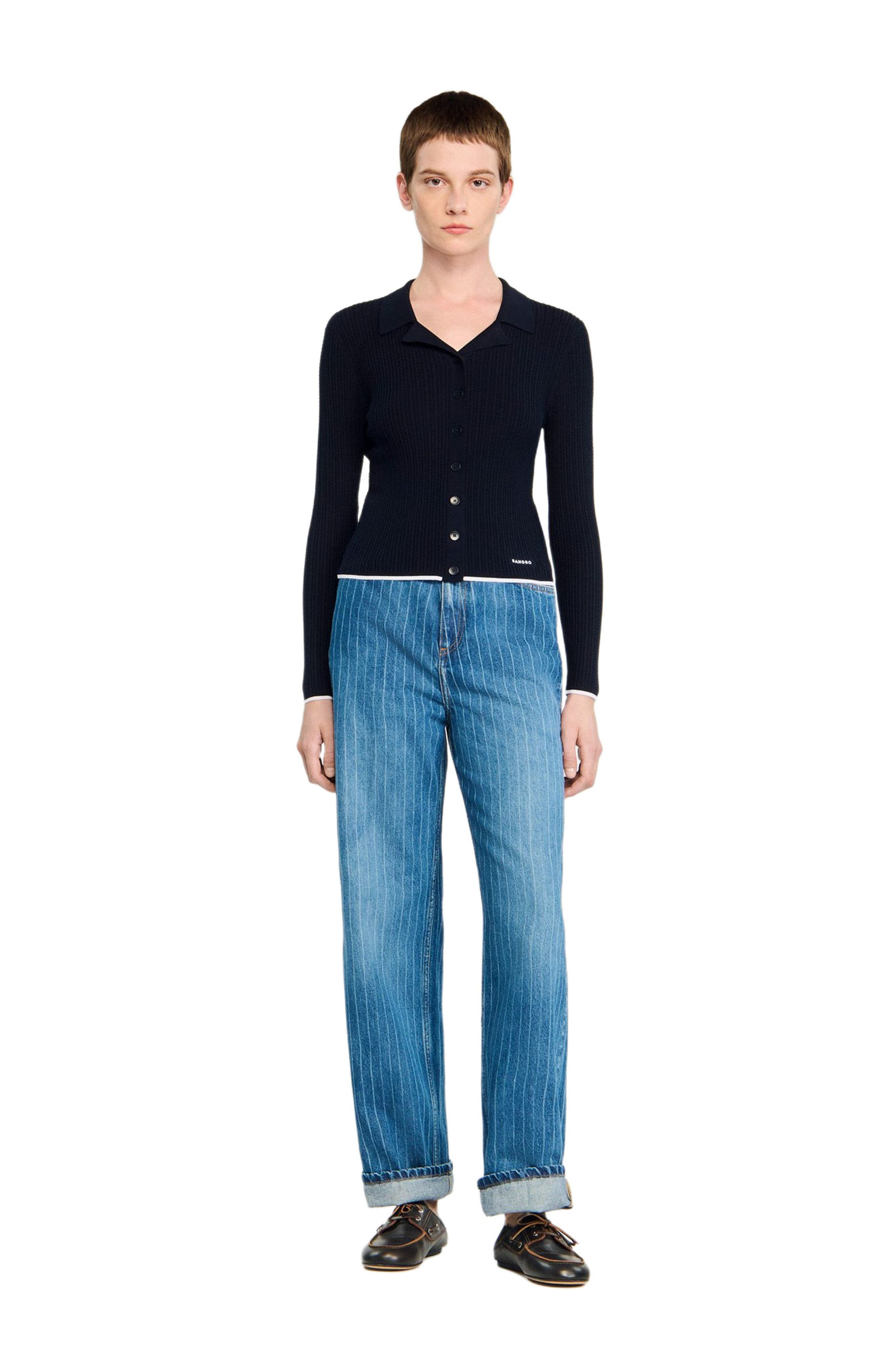 SANDRO Cropped polo collar cardigan in Navy Blue at Nordstrom - 2