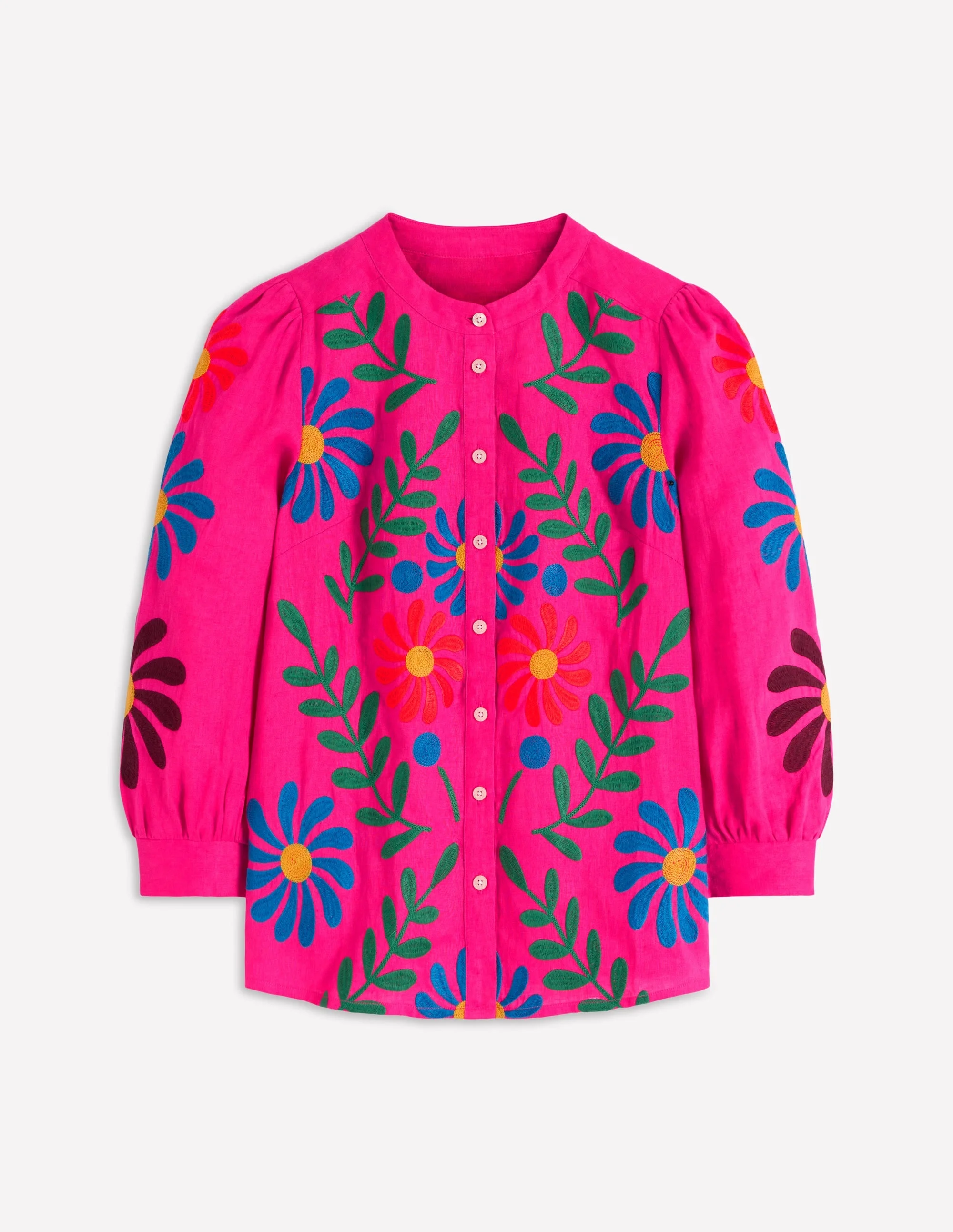 Alicia Linen Top-Pink Peony, Flower Embroidery - 1