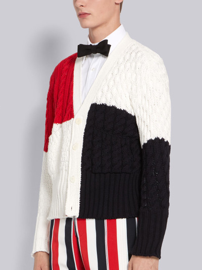 Thom Browne Rwb Intarsia Cotton Crepe Aran Cable V-neck Cardigan outlook