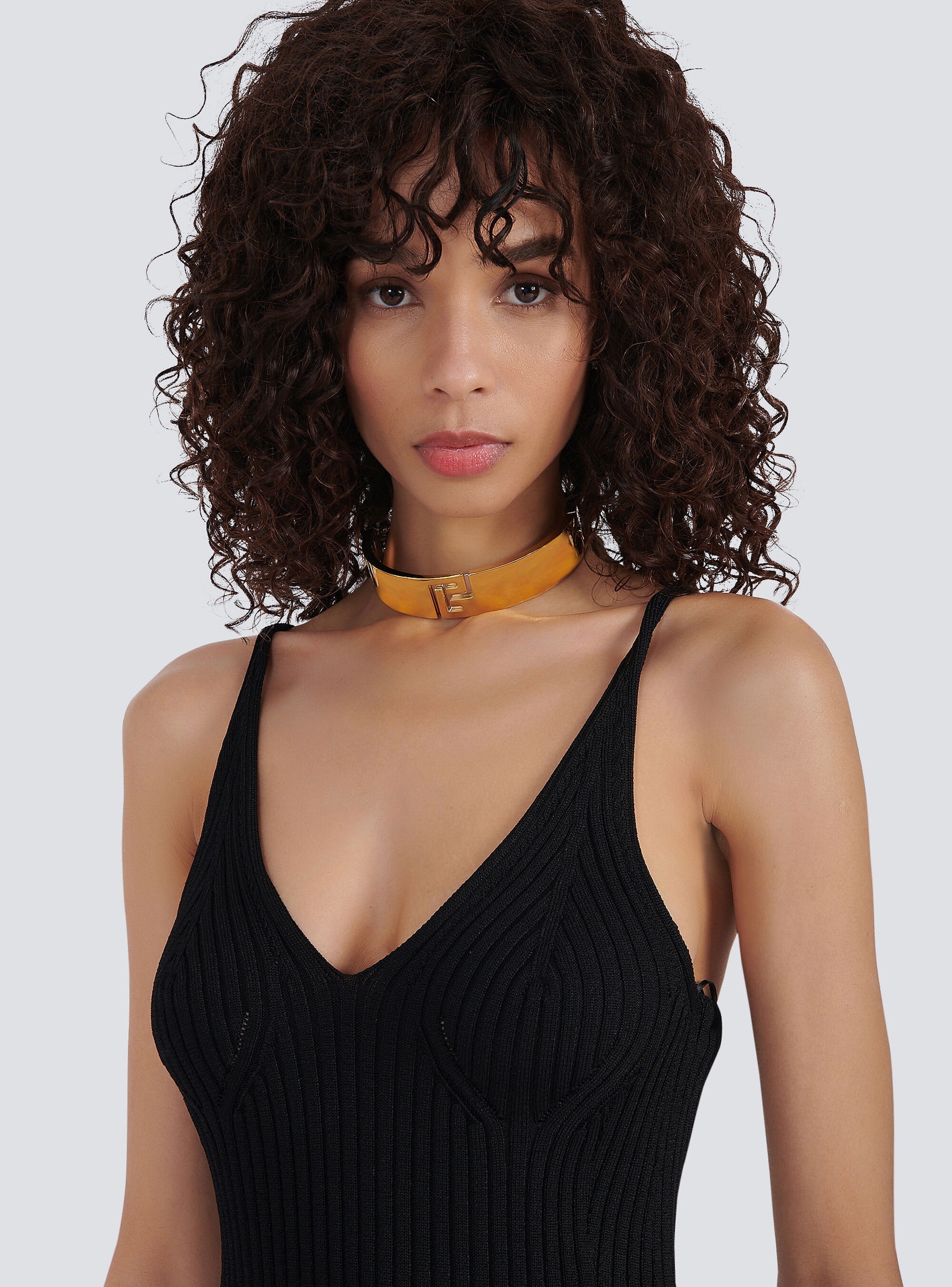 Brass choker necklace with double gold and silver chain - 2