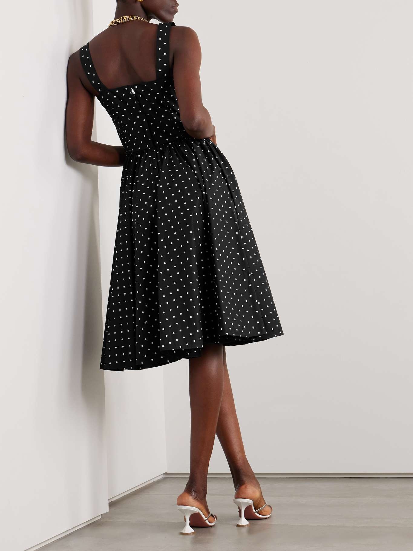 Gathered polka-dot cotton-poplin midi dress - 3