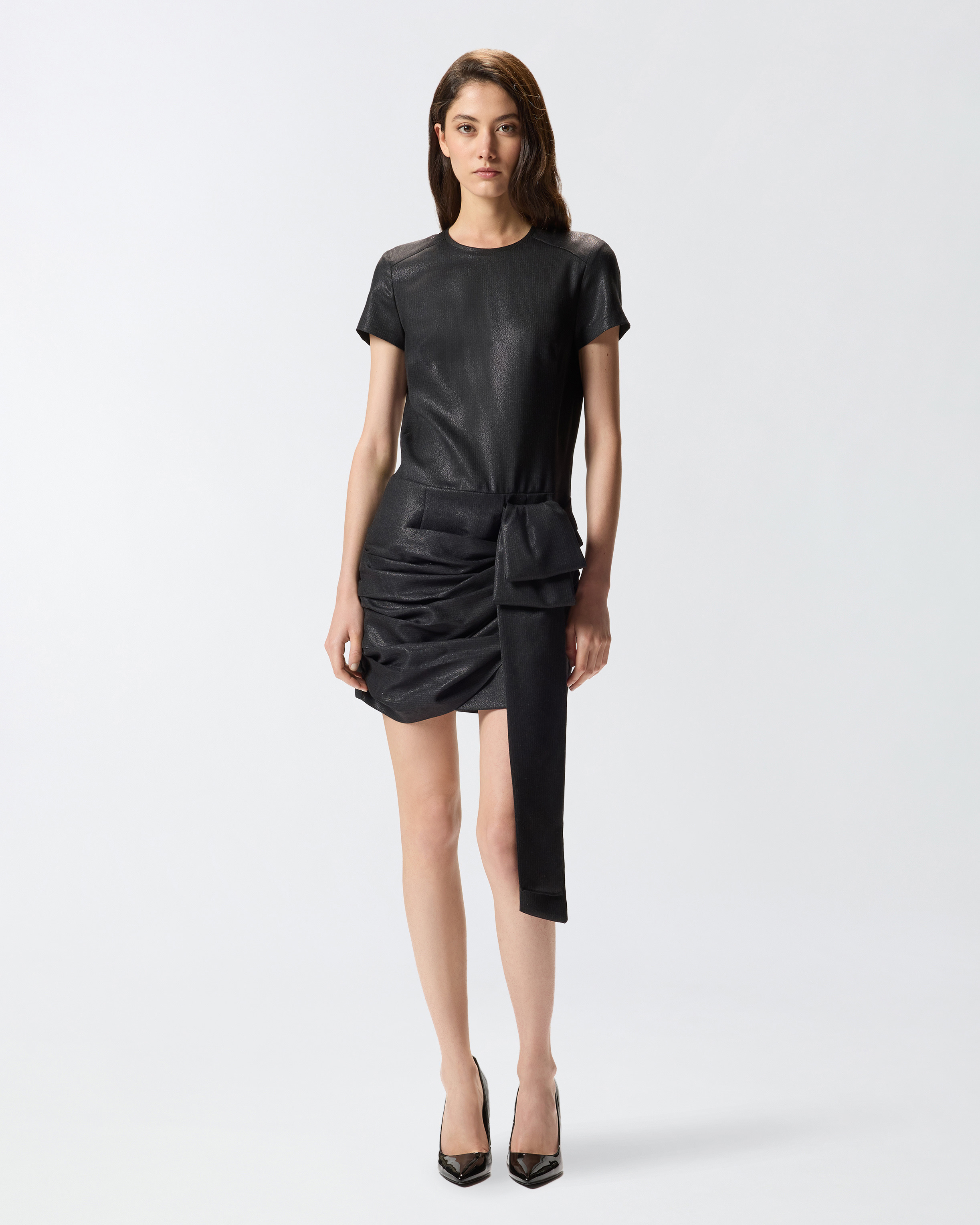 SHORT PINSTRIPED DRESS WITH DRAPING - 3