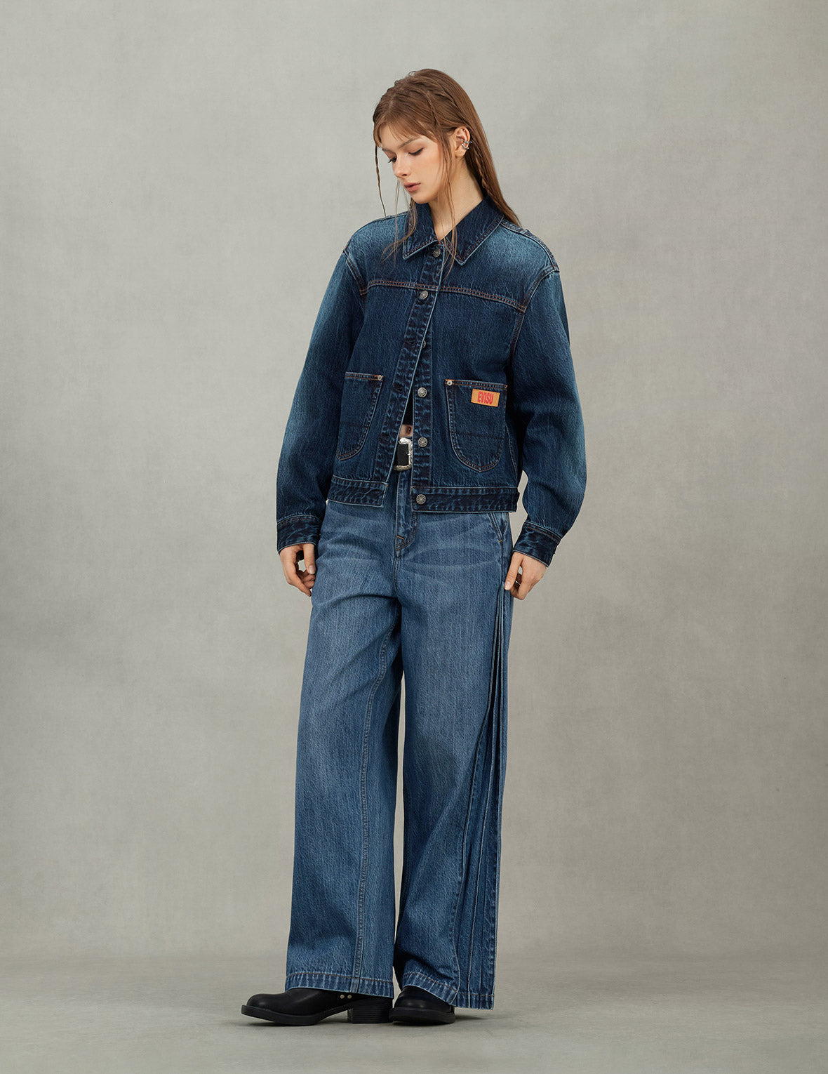 Gradient Print Loose Fit Washed Denim Jacket - 7