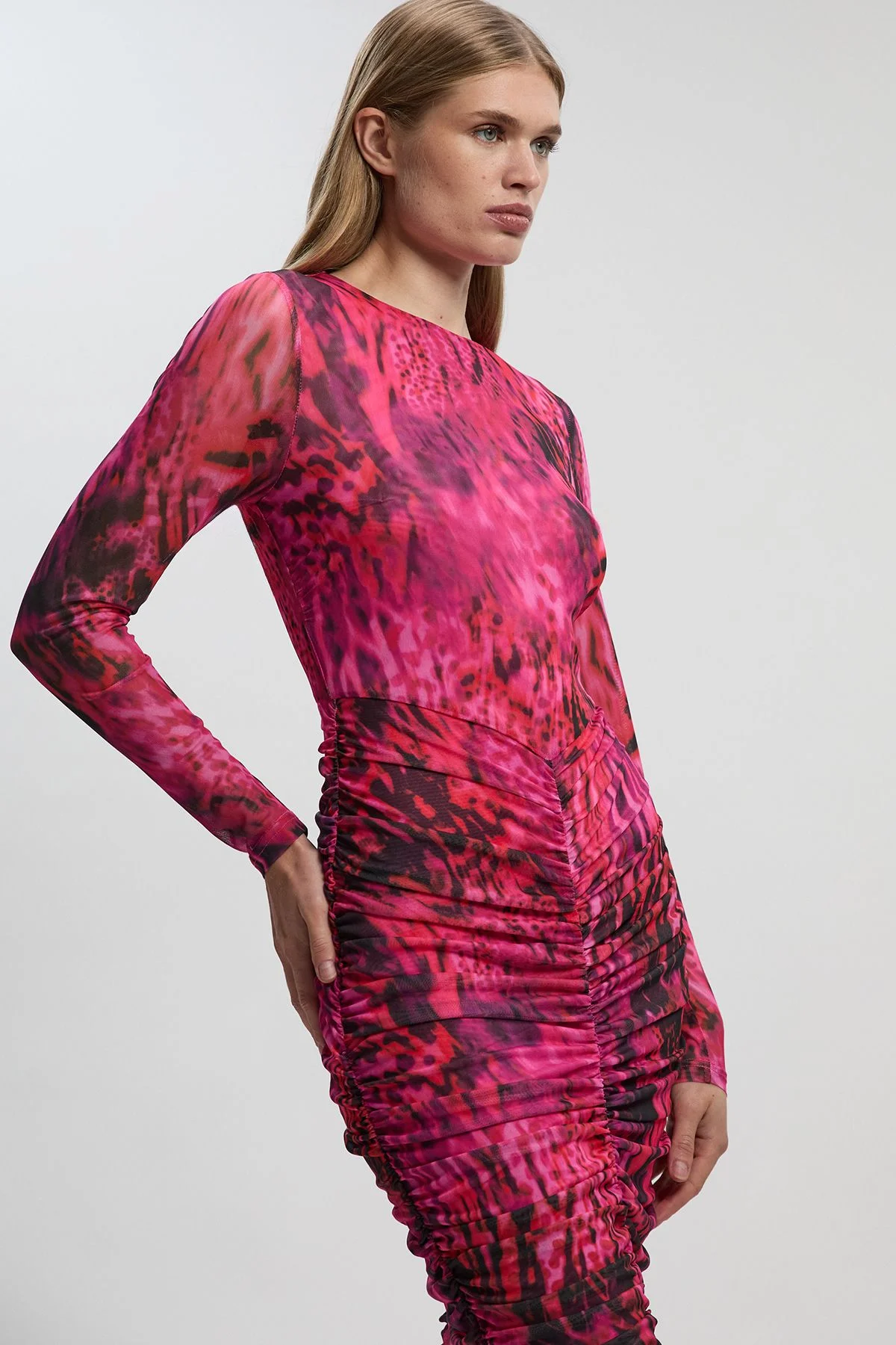 Animal Print Mesh Ruched Maxi Dress - 1