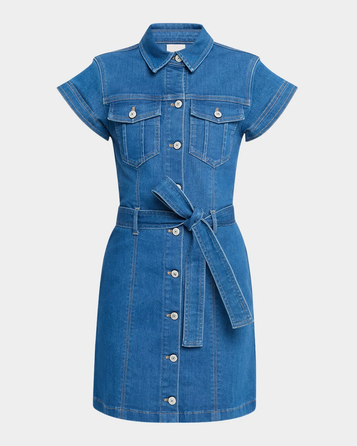 Tie Belted Short-Sleeve Denim Mini Dress - 1