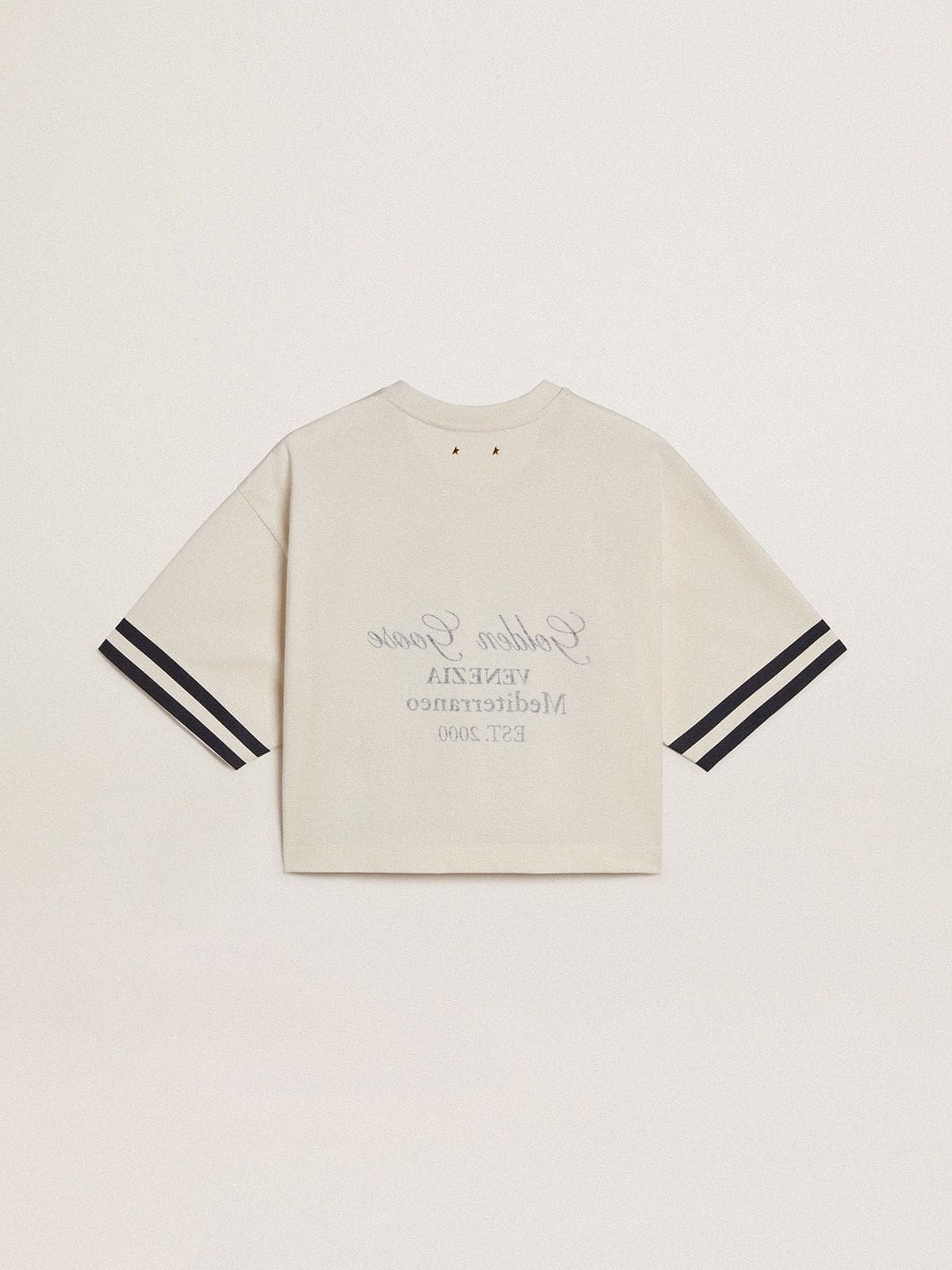 Women's oversized short T-shirt in white jersey with embroidery and "Venezia Mediterraneo" print - 6