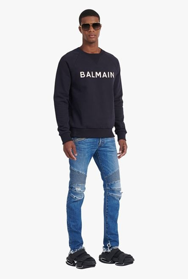 Balmain Dark navy blue eco-designed cotton sweatshirt with pale pink Balmain logo appliqué outlook