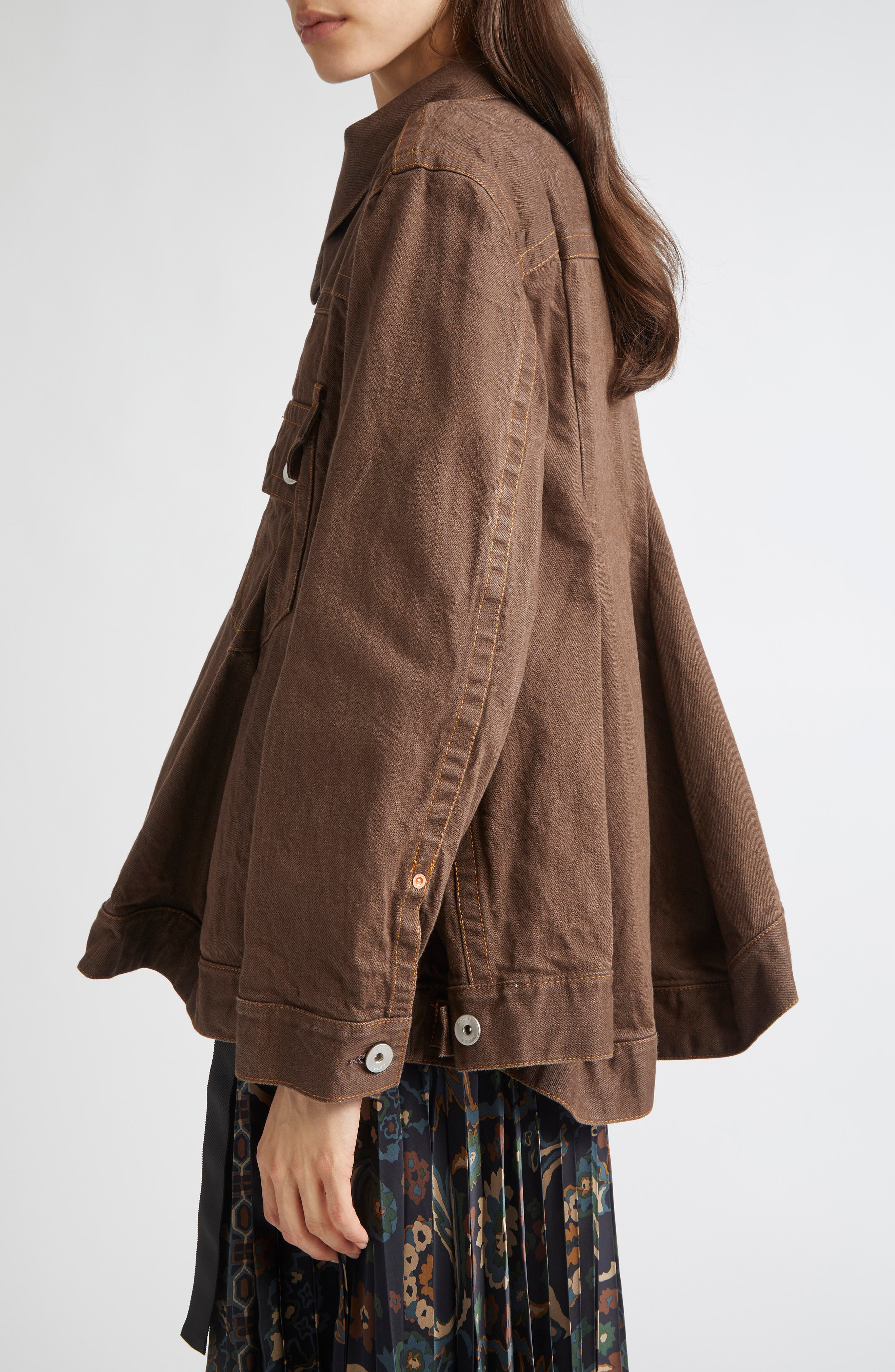 Sacai Asymmetric Denim Jacket in Brown at Nordstrom - 3