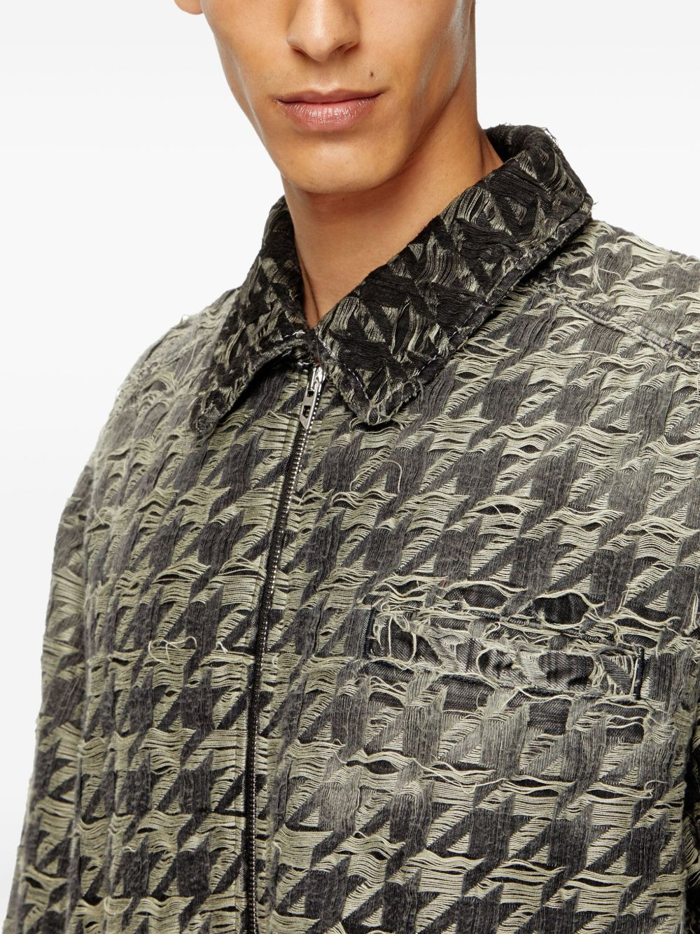 houndstooth-pattern frayed-edges denim jacket - 5