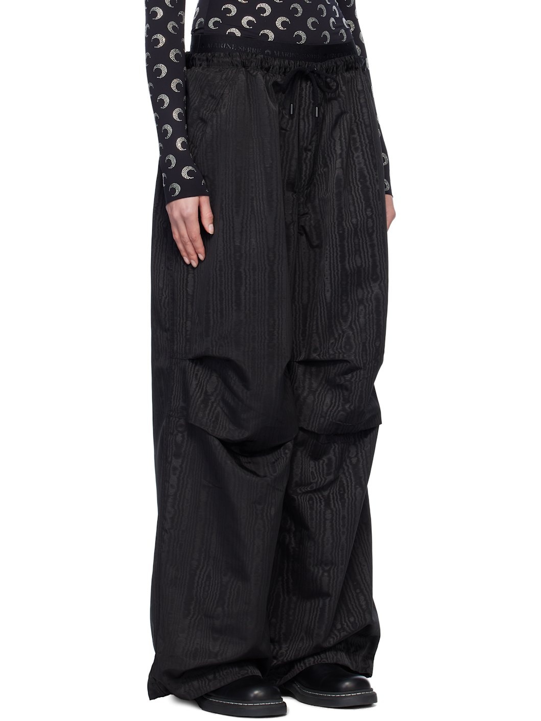 Black Recycled Moiré Parachute Trousers - 2