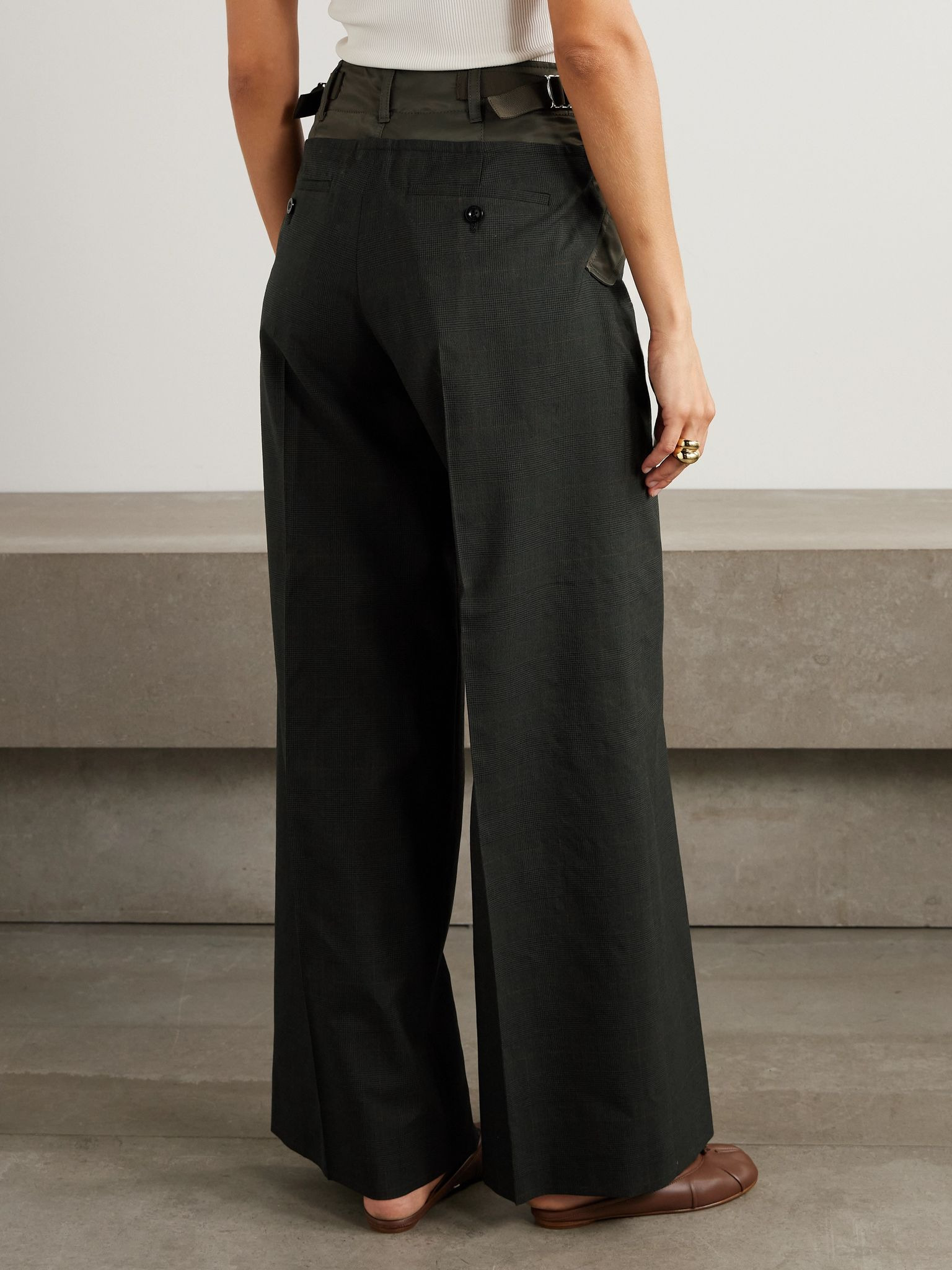 Glen shell-trimmed wide-leg wool pants Army green - 4