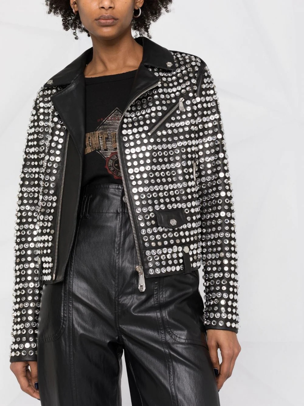 crystal-embellished leather jacket - 3