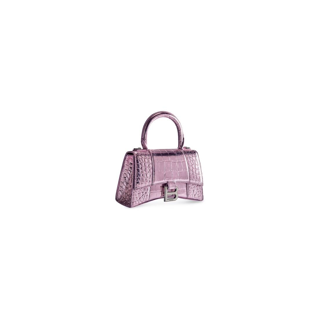 Women's Hourglass Xs Handbag Metallized Crocodile Embossed in Pink - 3