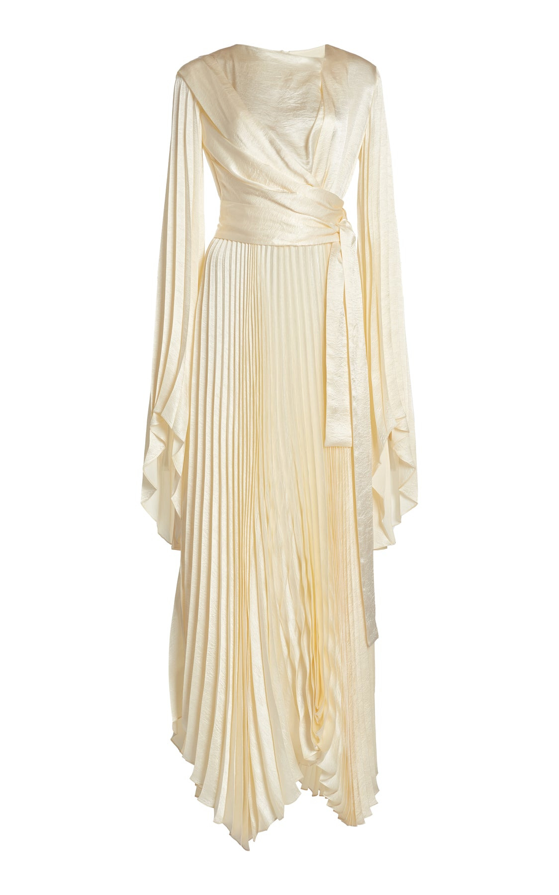 WRAP AROUND MAXI DRESS WITH PLEATED SKIRT AND SLEEVES IVORY - 6
