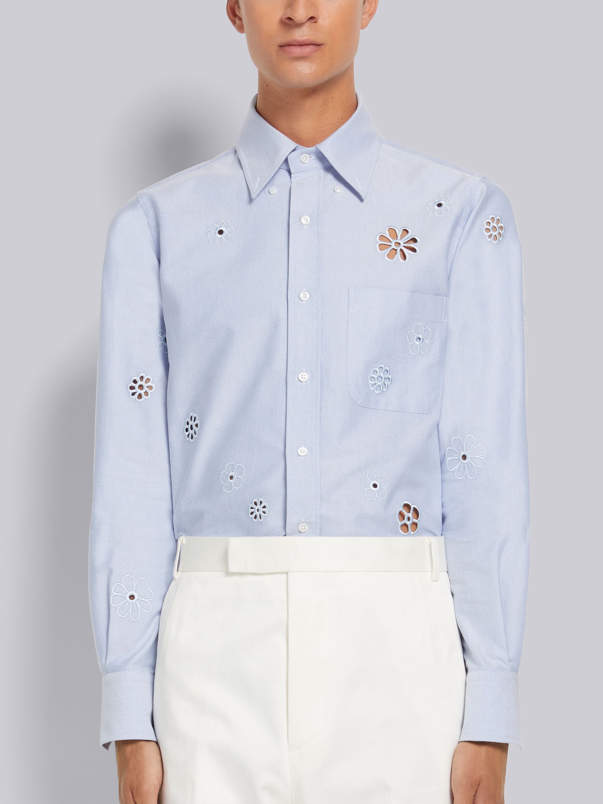 Light Blue Floral Broderie Anglaise Straight Fit Shirt - 1
