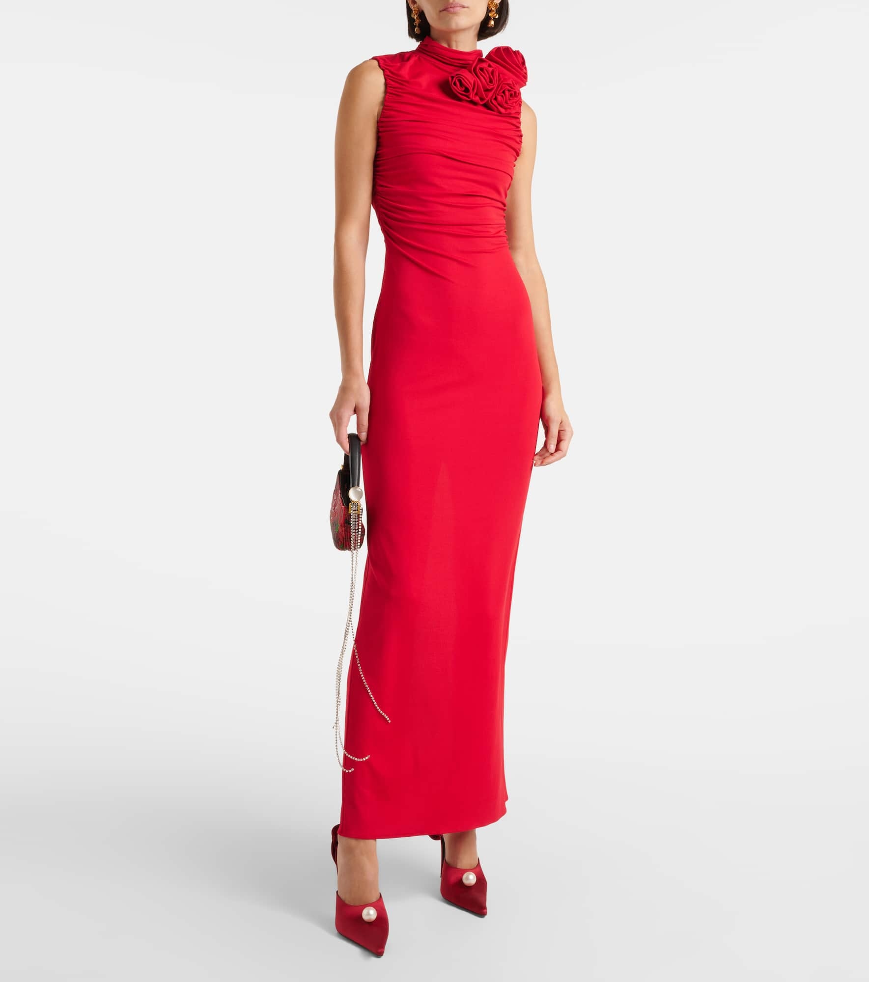 Floral-appliqué ruched jersey gown - 2