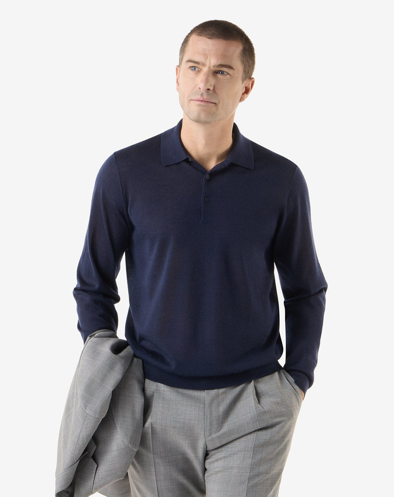 CORNELIANI Navy blue ultra fine silk and cashmere button-up polo shirt outlook