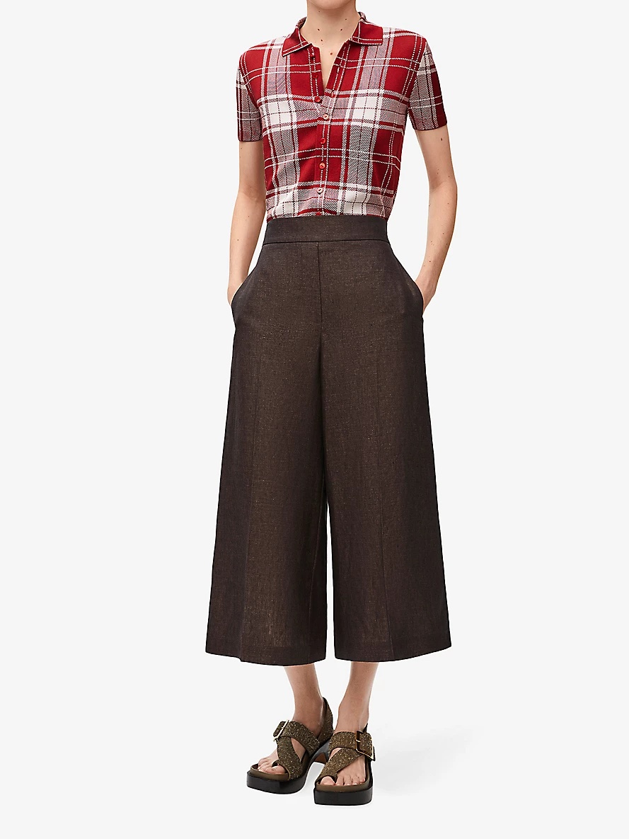 High-rise wide-leg cropped linen trousers - 2