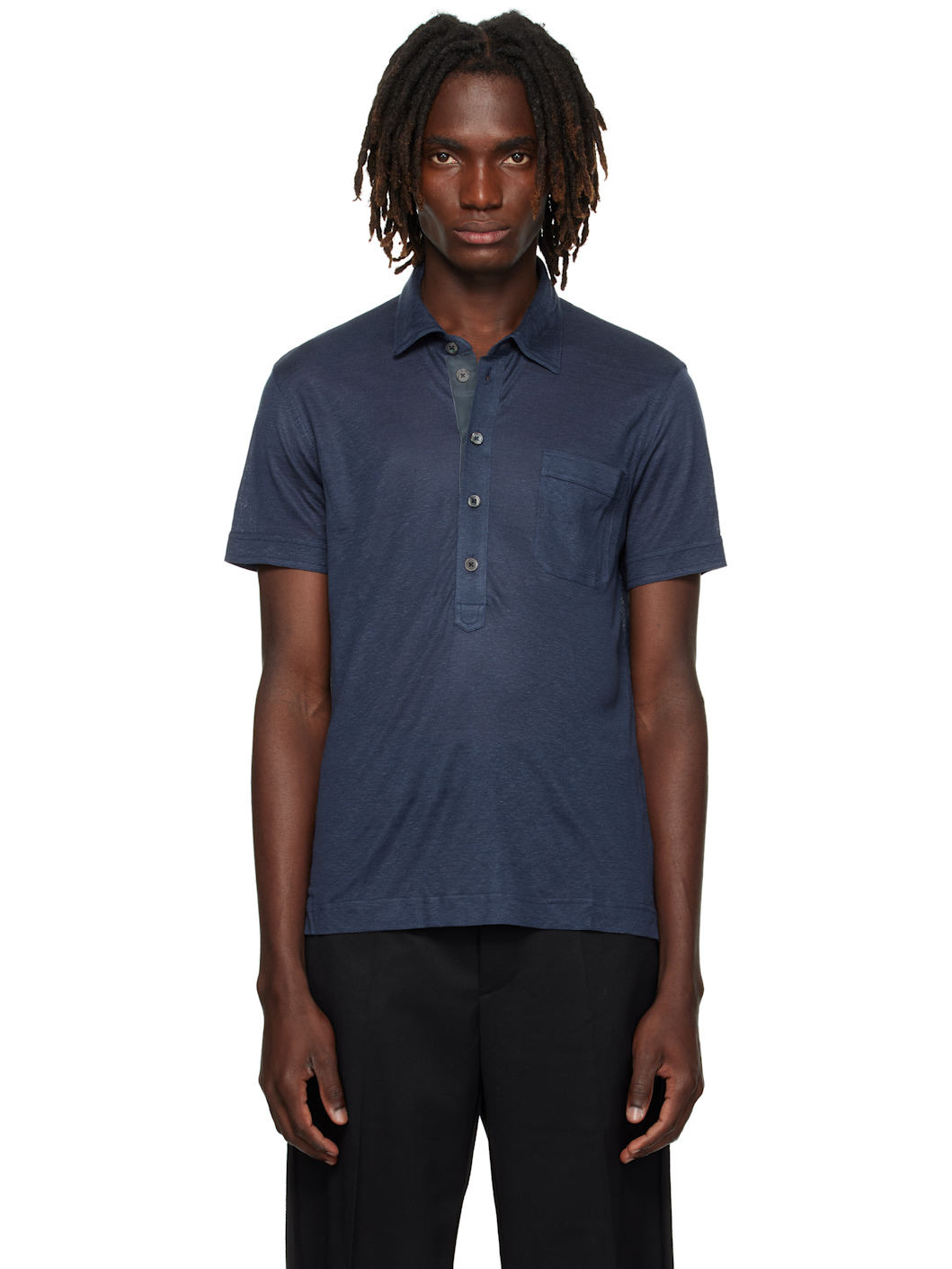 Navy Silk & Linen Polo - 1