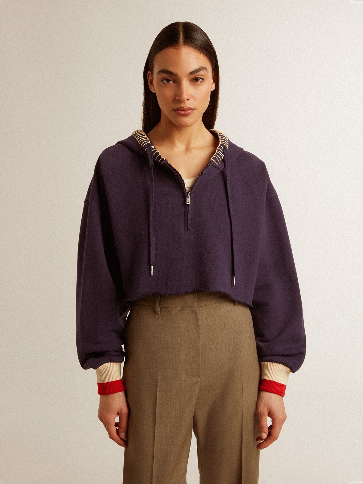 Dark blue cropped sweatshirt with zip fastening and embroidered hood - 2