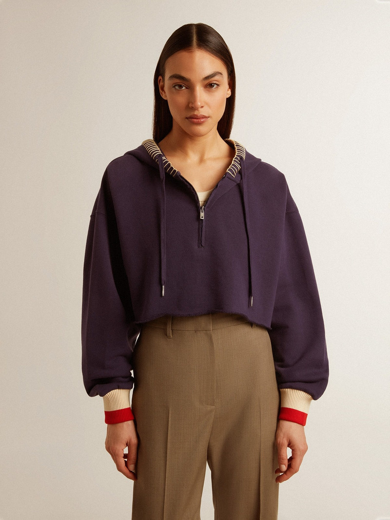 Golden Goose Dark blue cropped sweatshirt with zip fastening and embroidered hood outlook