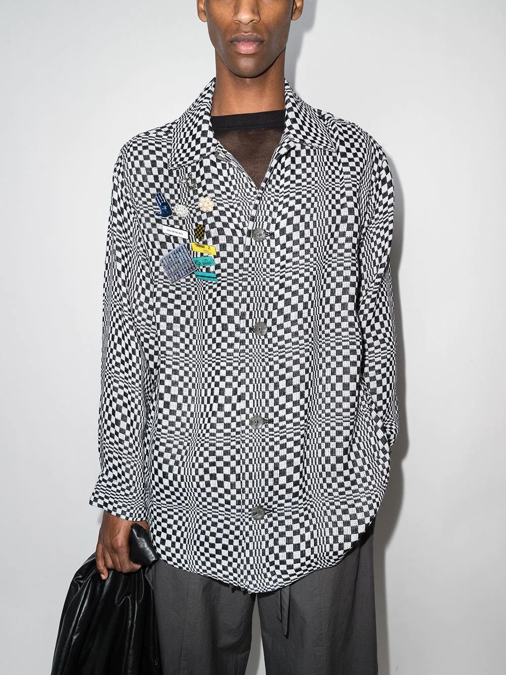 checkerboard brooch shirt jacket - 2