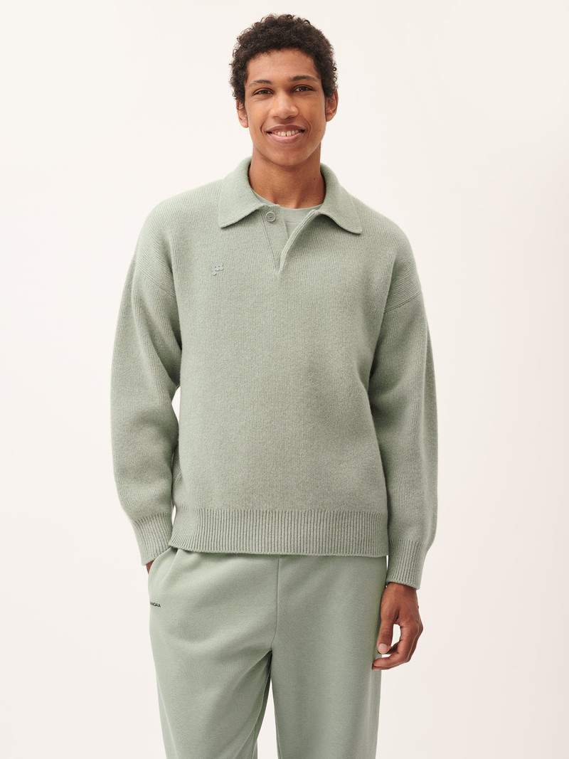 Mens DNA Recycled Cashmere Polo Sweater - Moss Green 1