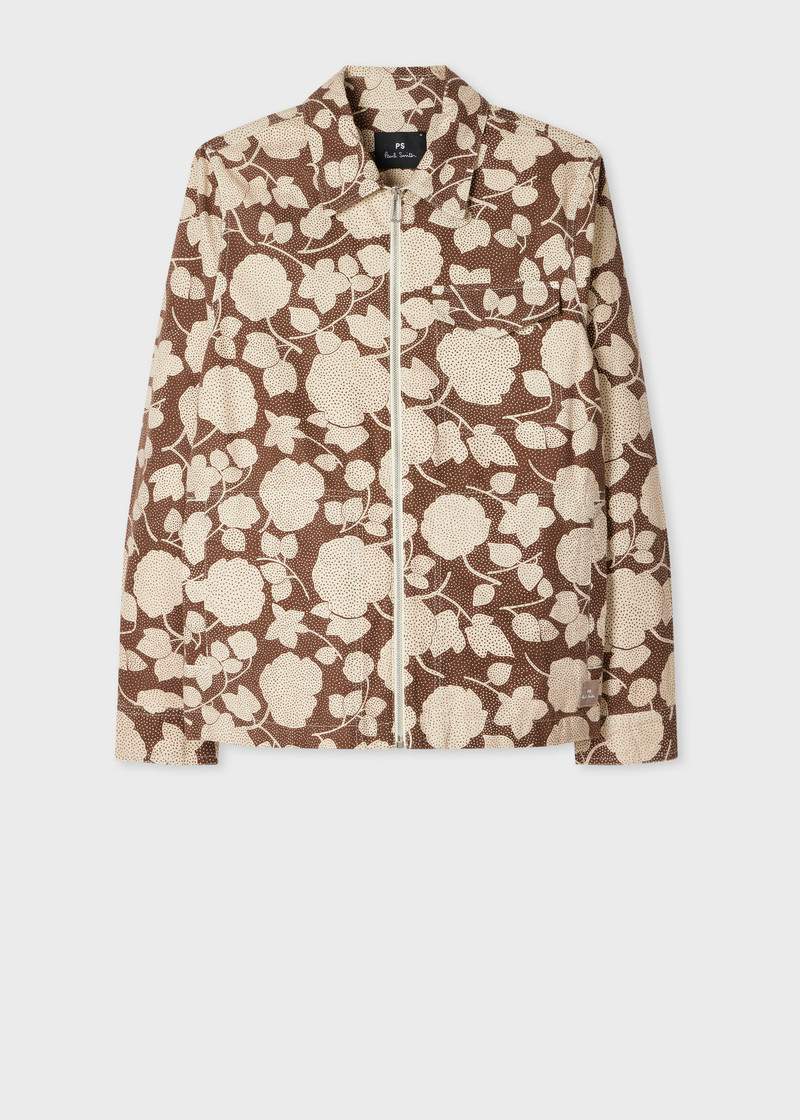 Brown 'Perforated Floral' Cotton Zip Jacket 1