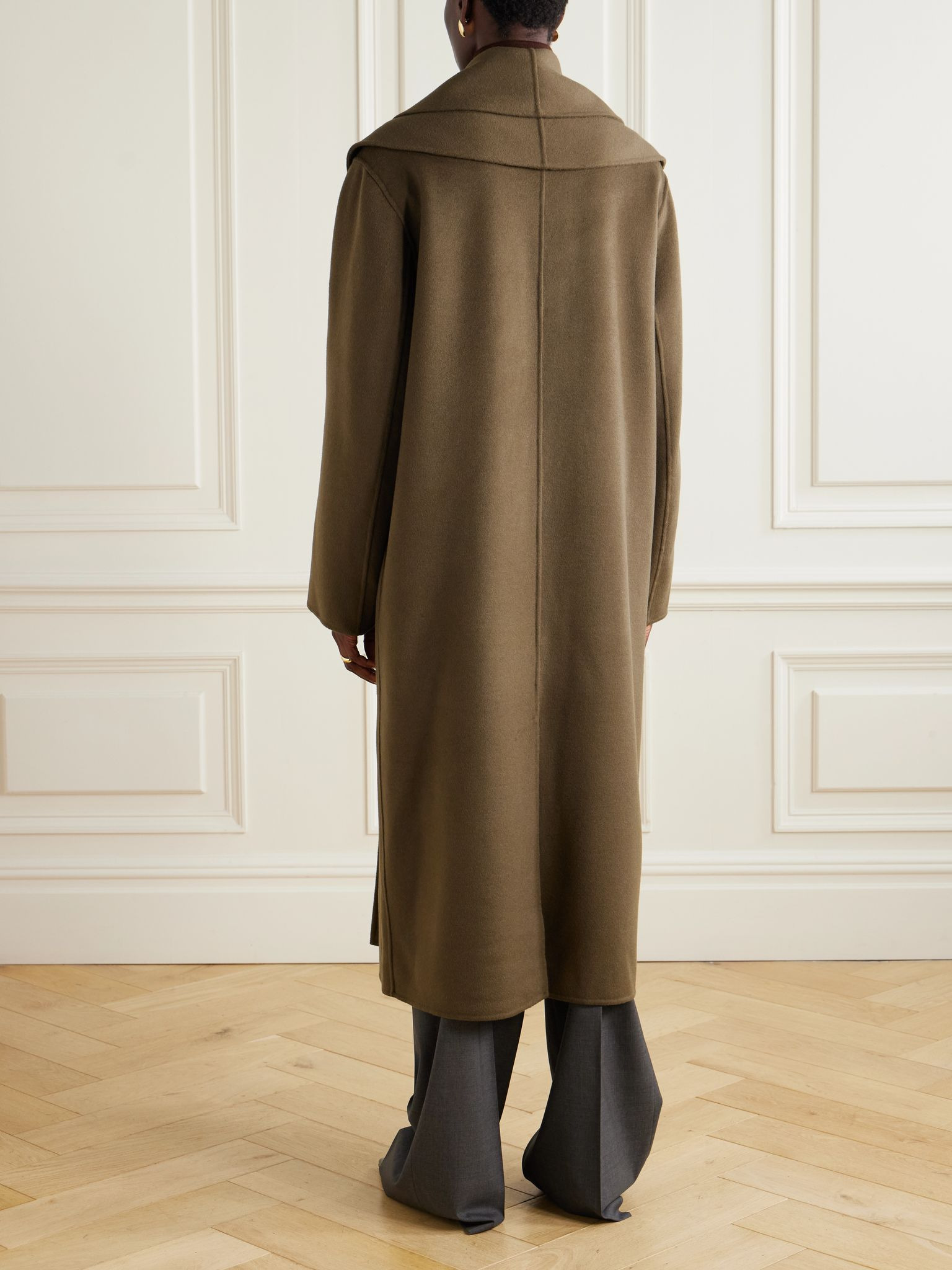 Double-breasted scarf-detailed layered wool coat Dark green - 4