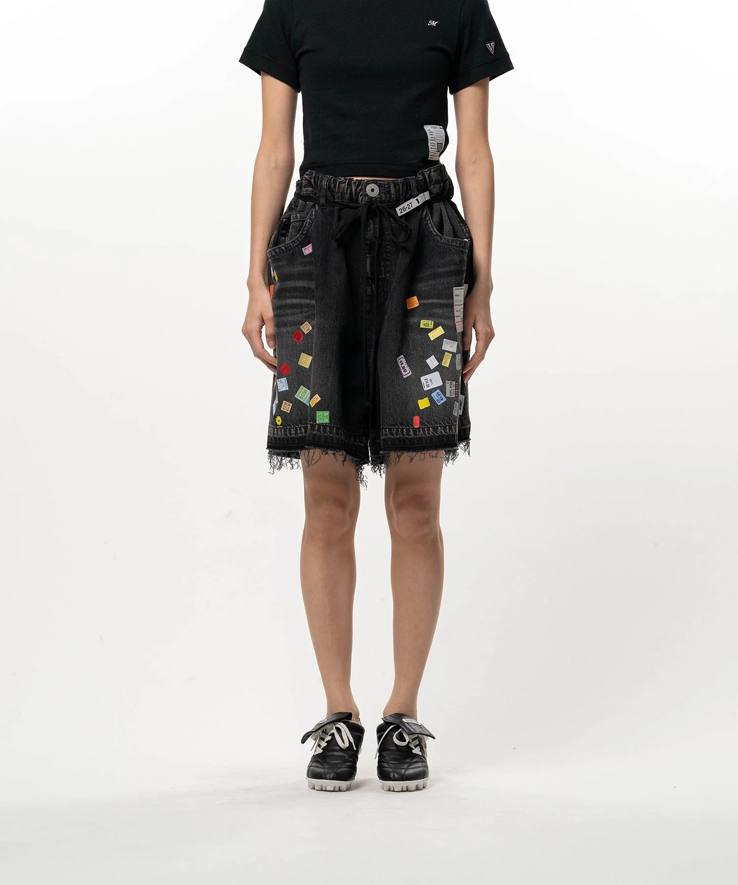 Price Tag Printed Denim Gather Shorts - 1