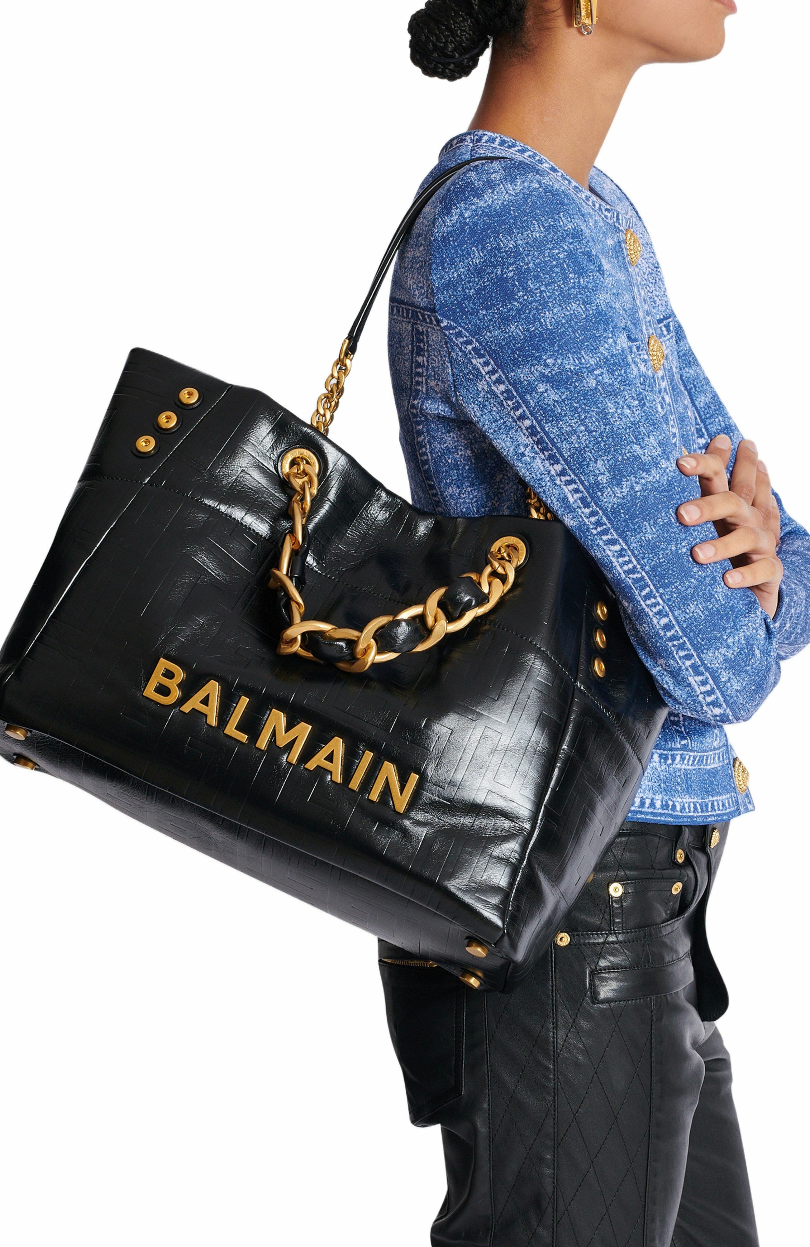 Balmain 1945 Soft PB-monogrammed crinkled leather tote bag in Black at Nordstrom - 8