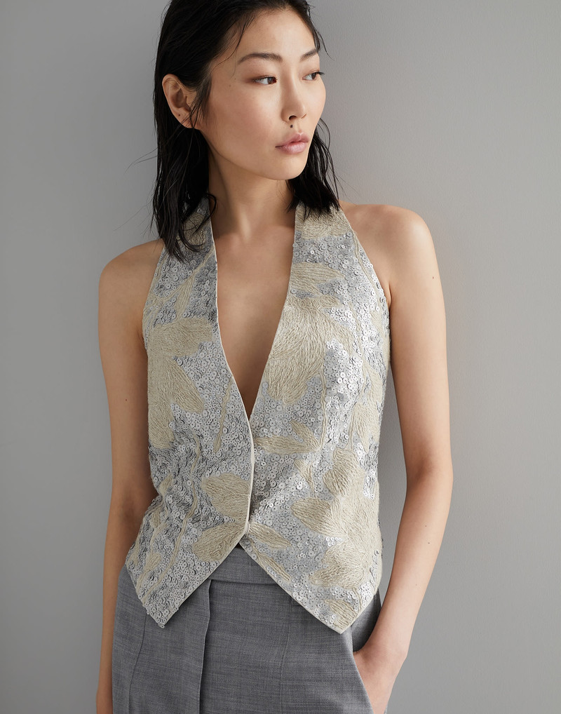 Linen halterneck vest with magnolia embroidery 4