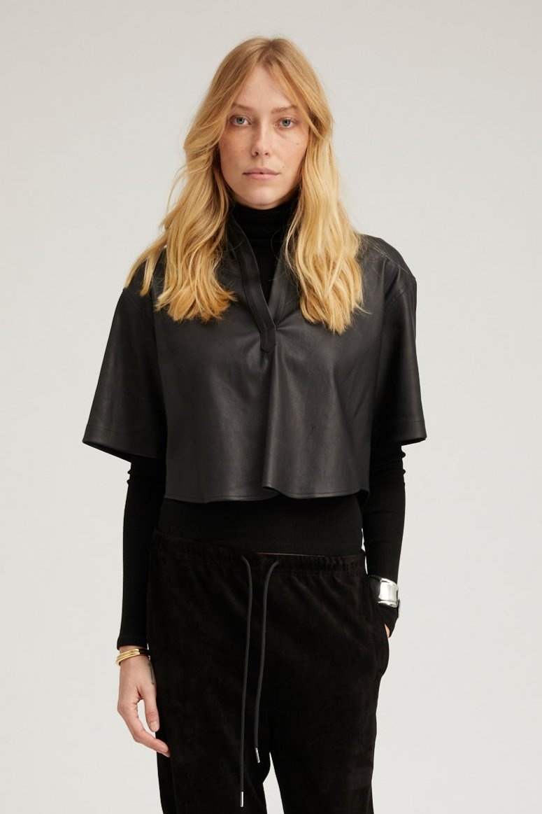 BLACK LEATHER CROPPED OVERSIZED HENLEY SHIRT - 1