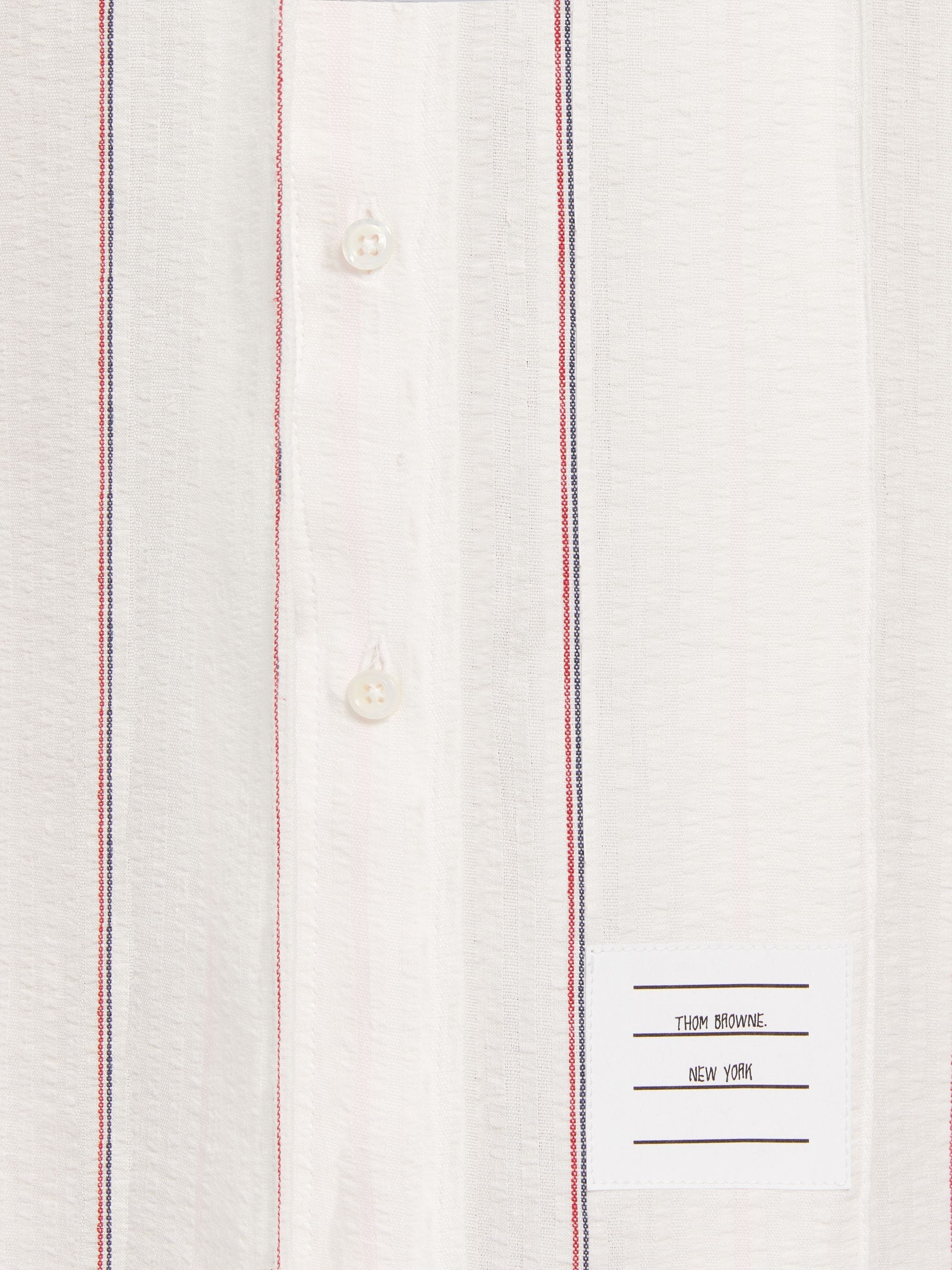 Light Pink Pinstripe Seersucker Linen Inverted Pleat Below The Knee Short Sleeve Shirtdress - 6