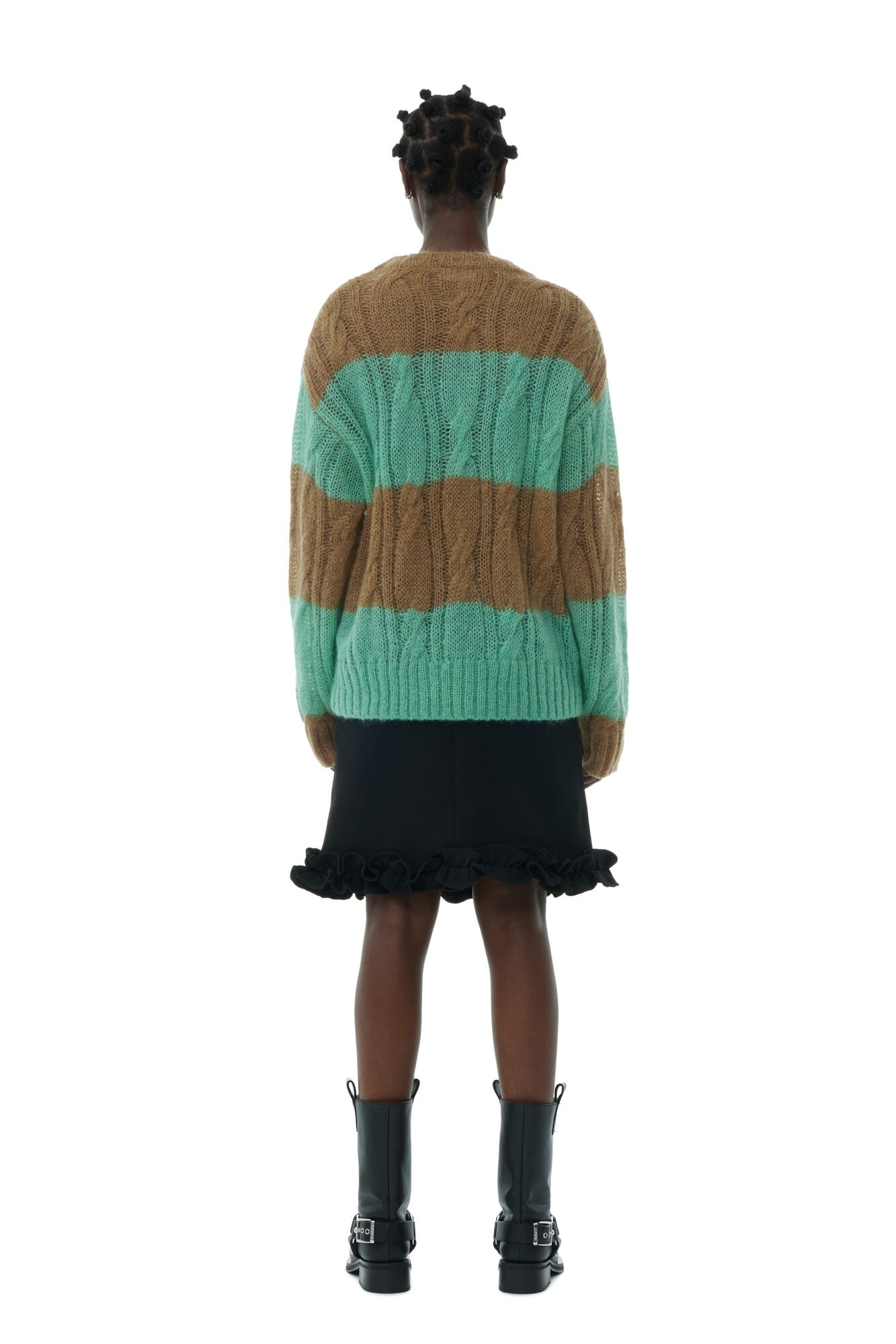 STRIPED MOHAIR CABLE O-NECK SWEATER - 6