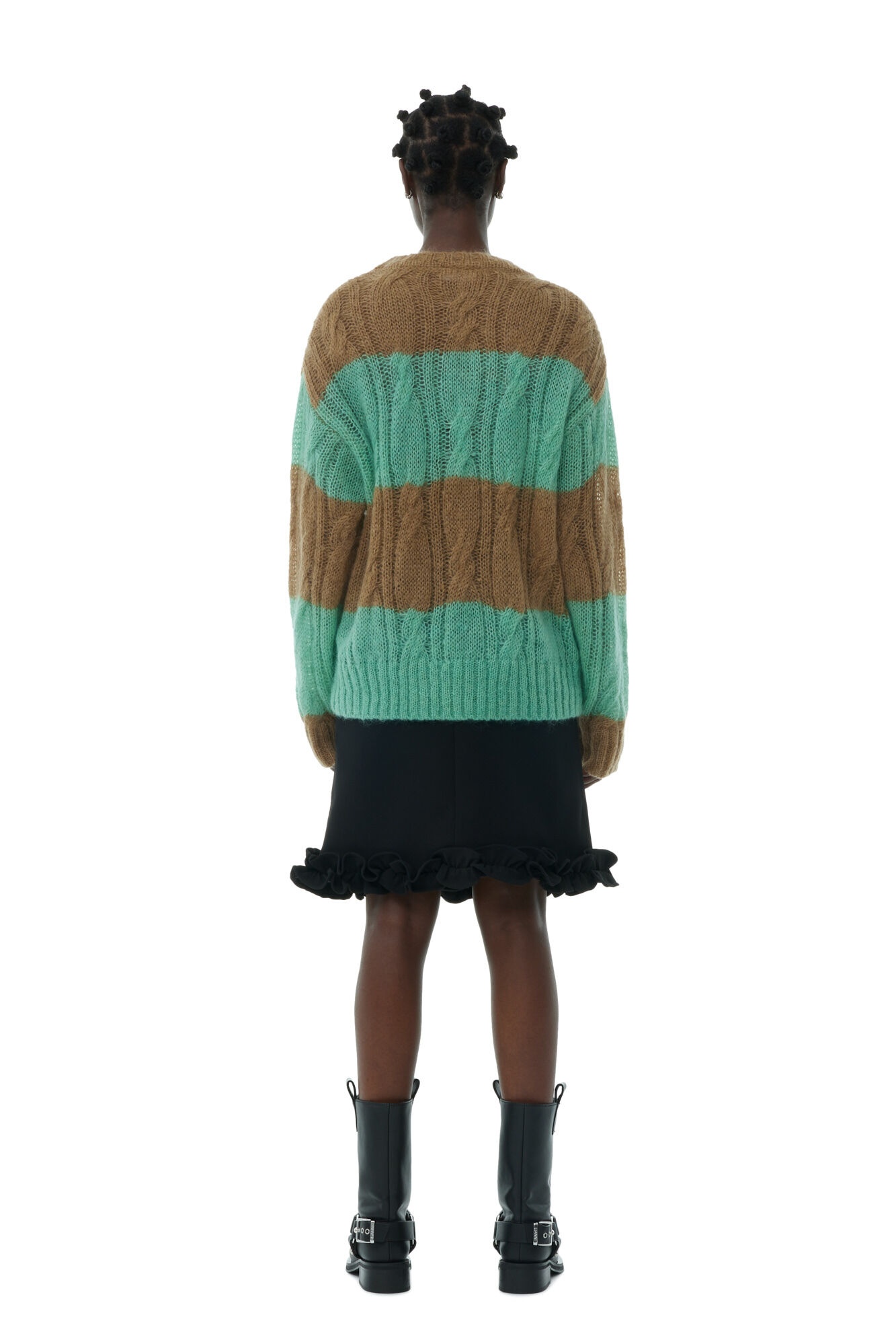 STRIPED MOHAIR CABLE O-NECK SWEATER - 5