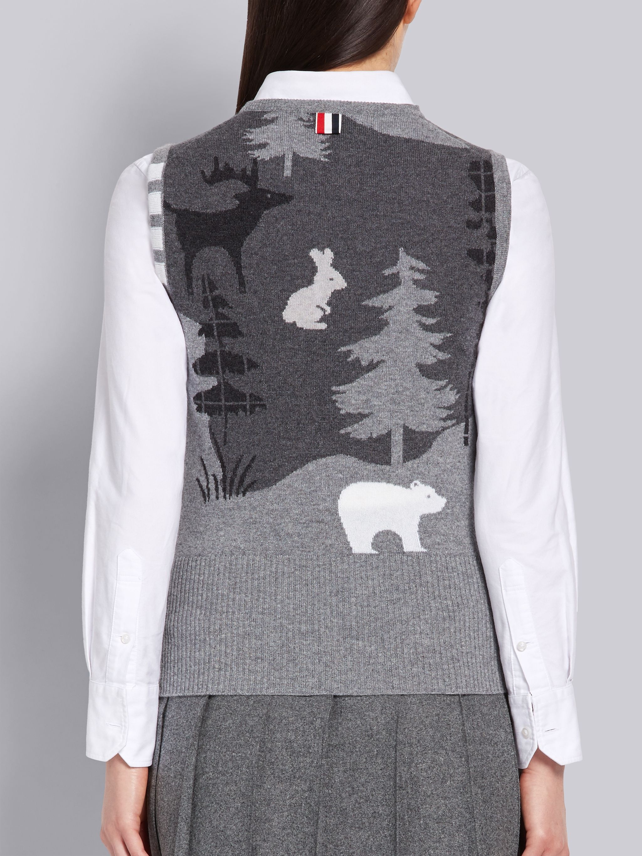 Medium Grey Cashmere Forest Scenery Intarsia 4-Bar Crewneck Shell Top - 3