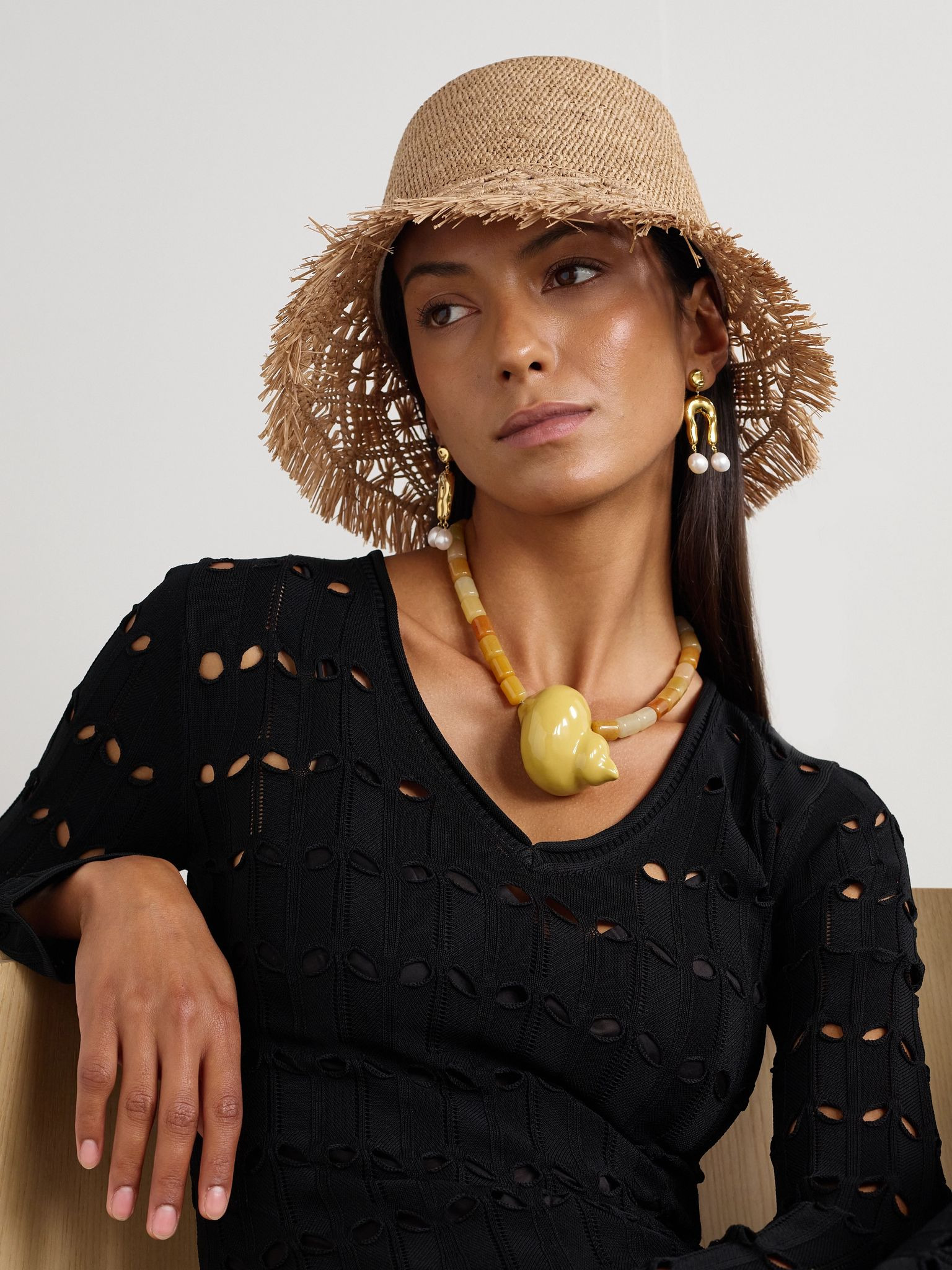 Fringed macramé raffia bucket hat Beige - 2