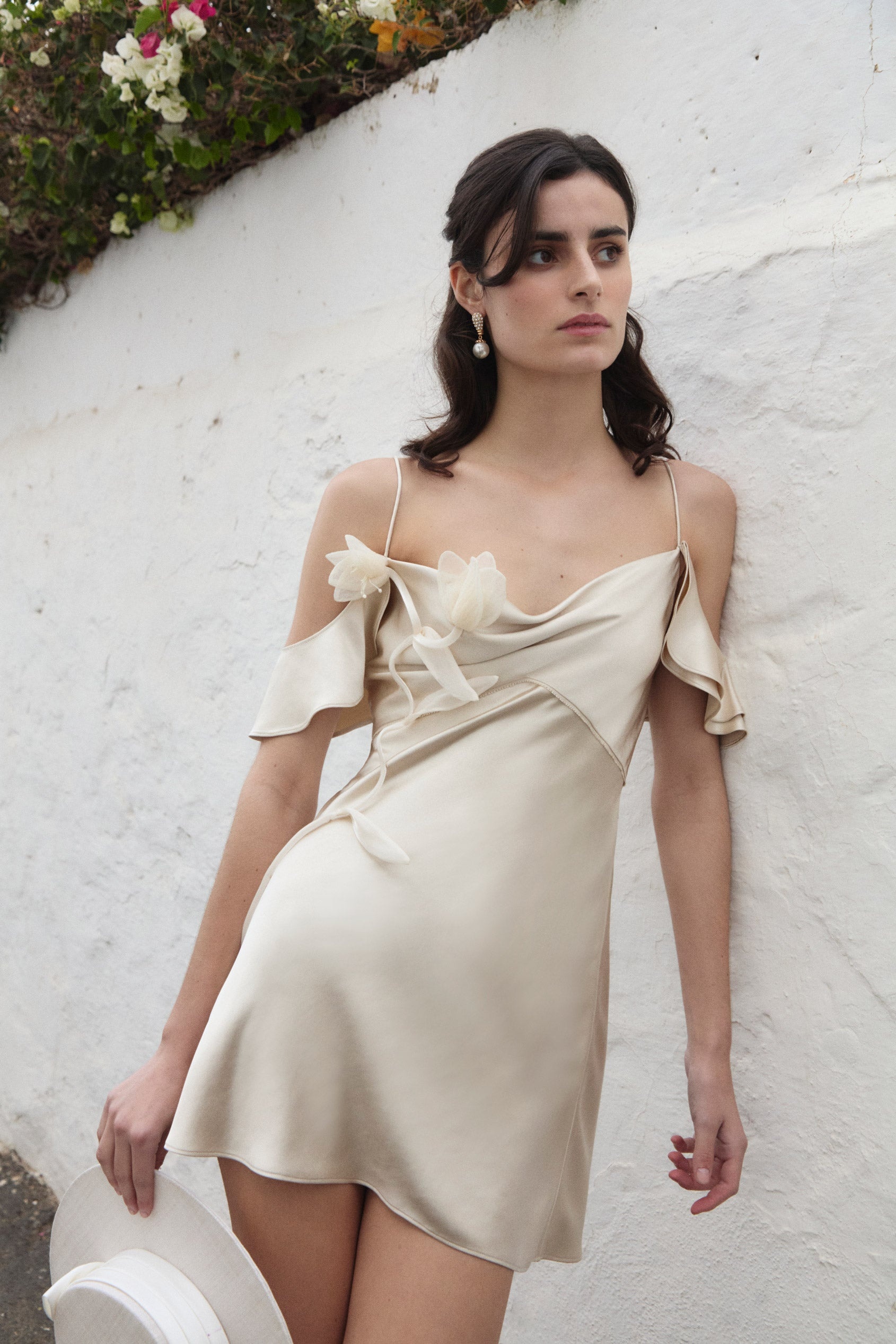 Champagne Flower Satin Mini Dress - 6