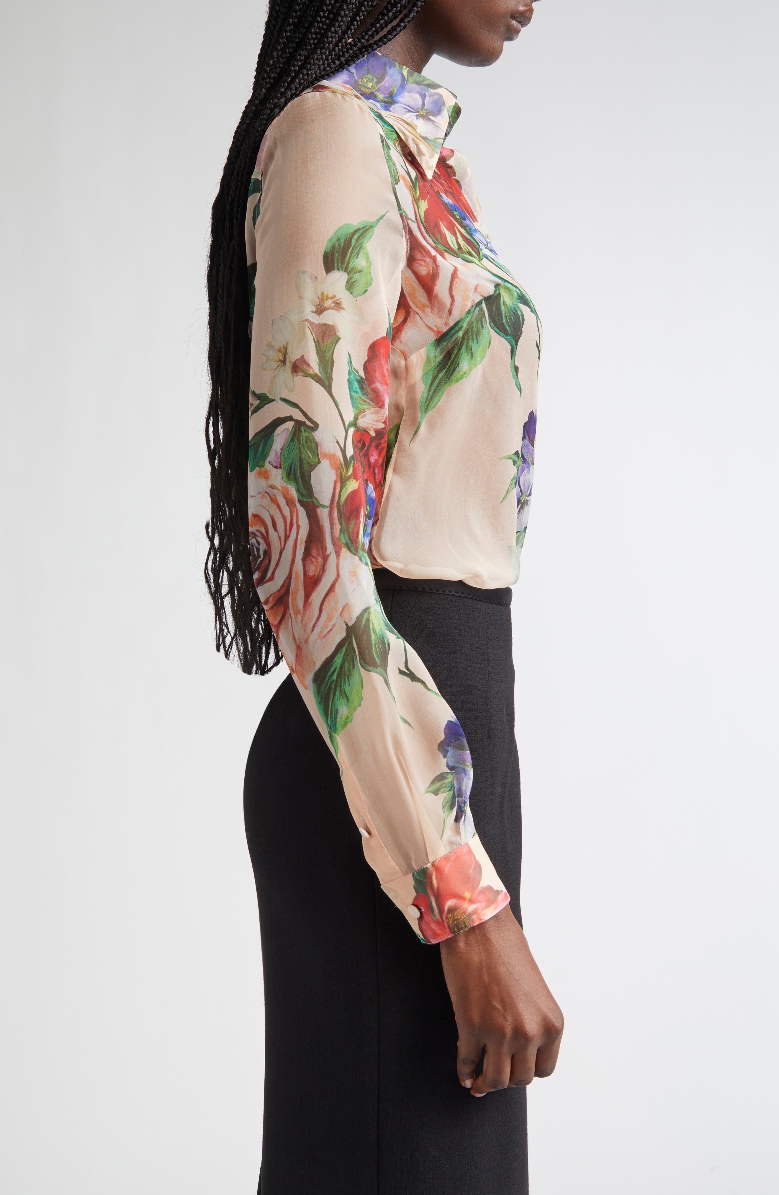 Dolce&Gabbana Floral Print Silk Chiffon Button-Up Shirt in Beige Print Floral at Nordstrom - 3