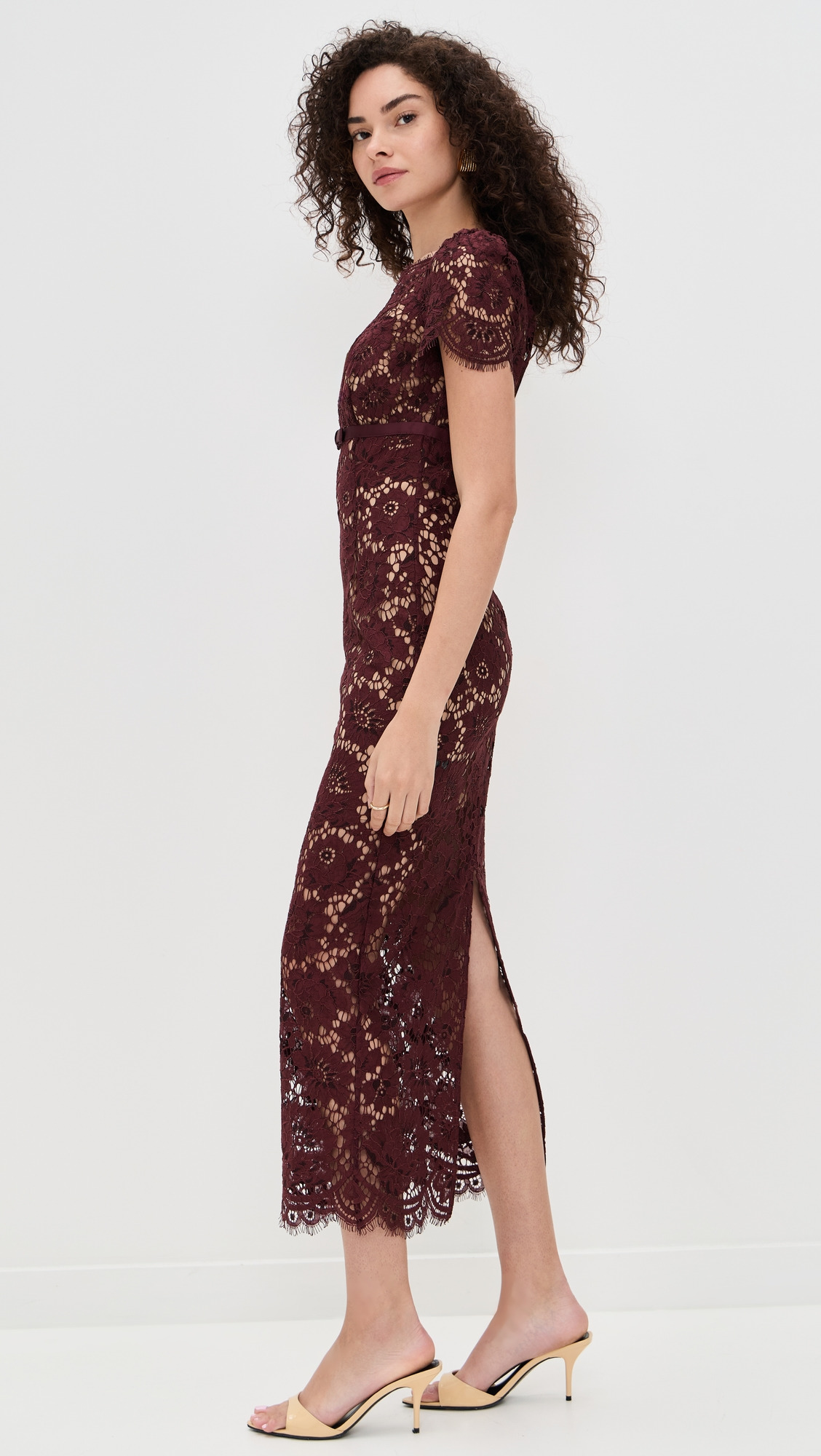 Burgundy Floral Lace Midi Dress - 3