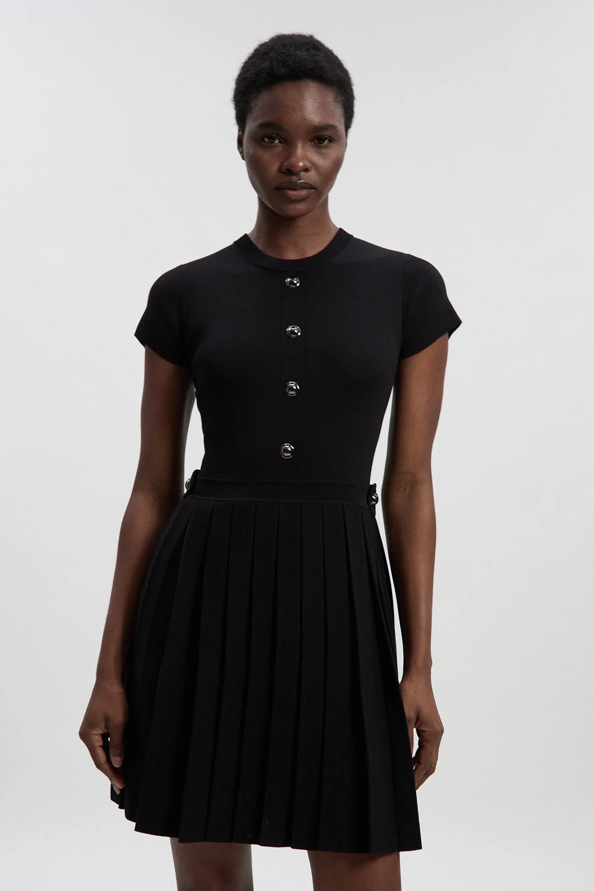 Viscose Blend Tab Detail Pleated Knit Mini Dress - 1