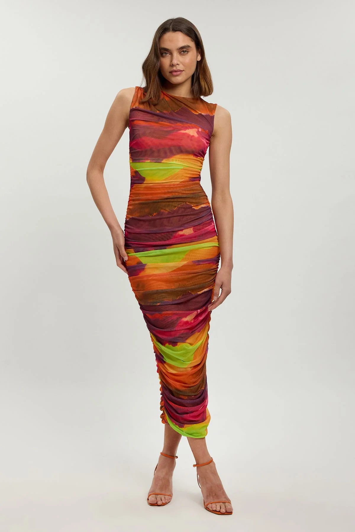 Petite Marbled Printed Mesh Ruched Jersey Maxi Dress - 1