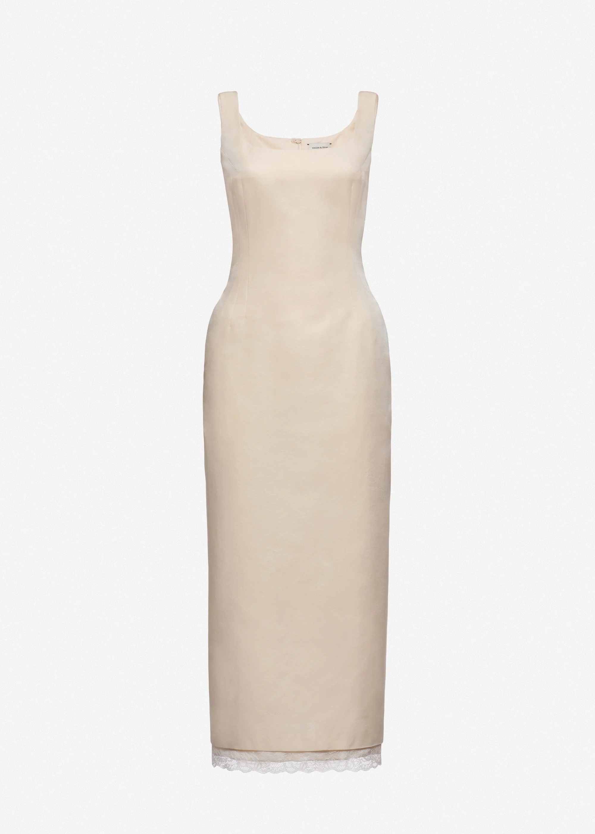 Contoured midi dress with lace hem in cream - 1