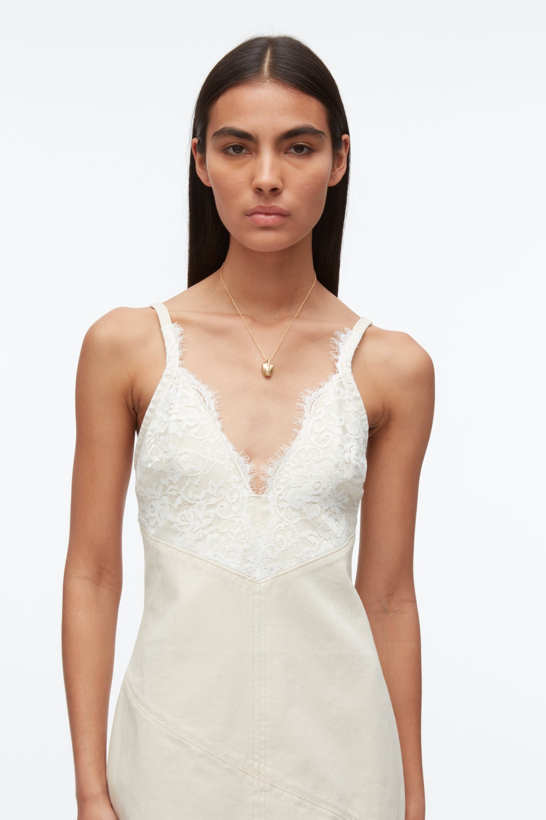 Denim Slip Dress With Lace - 4